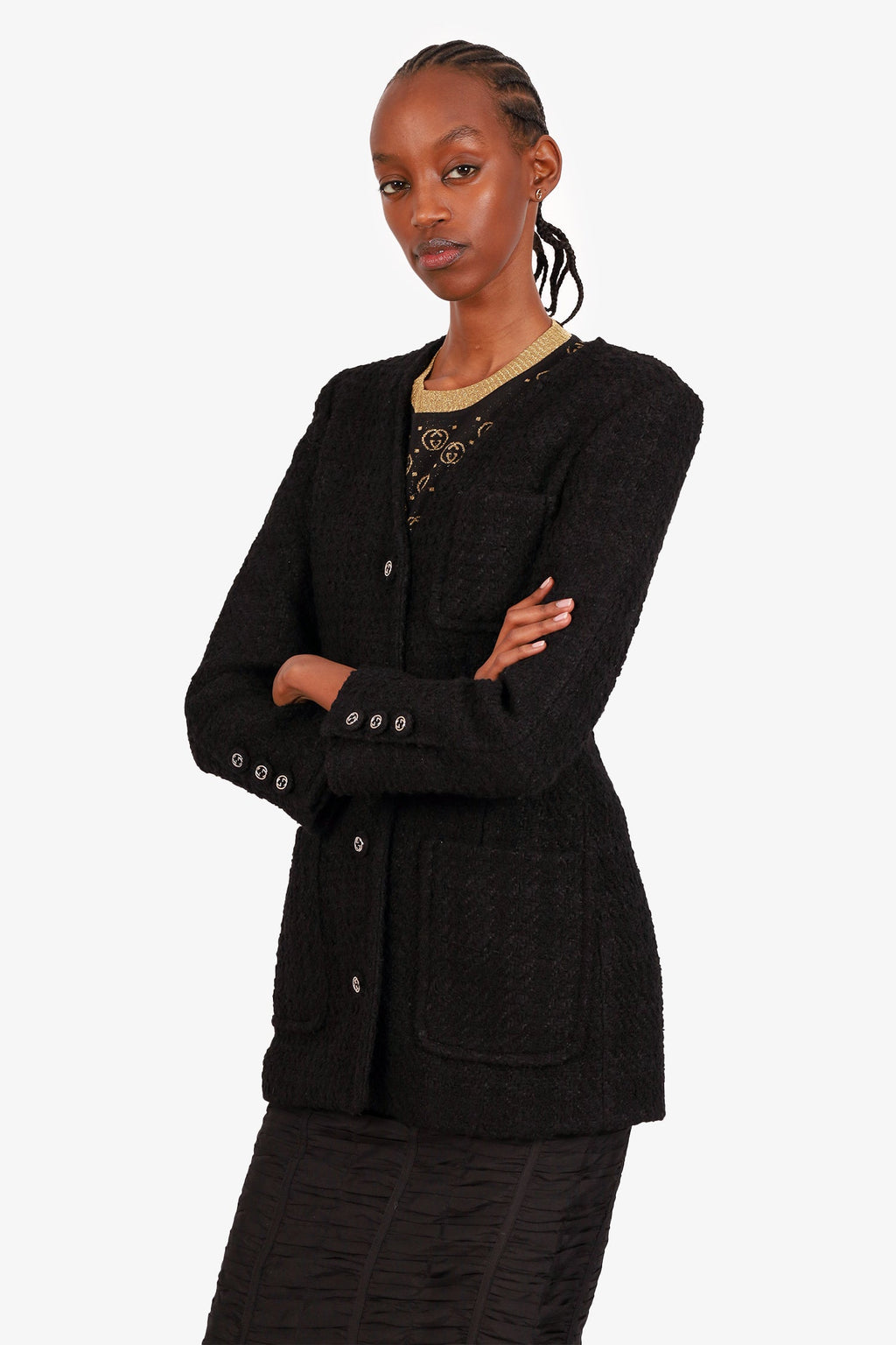 Gucci Black Wool Tweed Single Breasted Jacket Size 38