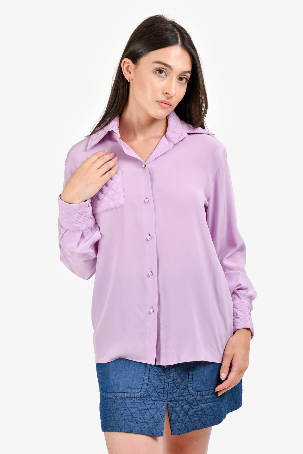 Pre-Loved Chanel™ Lavender Silk CC Button Quilted Details Blouse Size 38