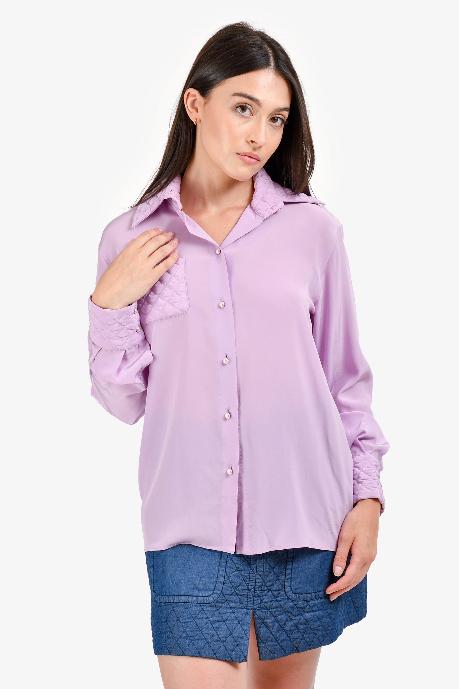Pre-Loved Chanel™ Lavender Silk CC Button Quilted Details Blouse Size 38