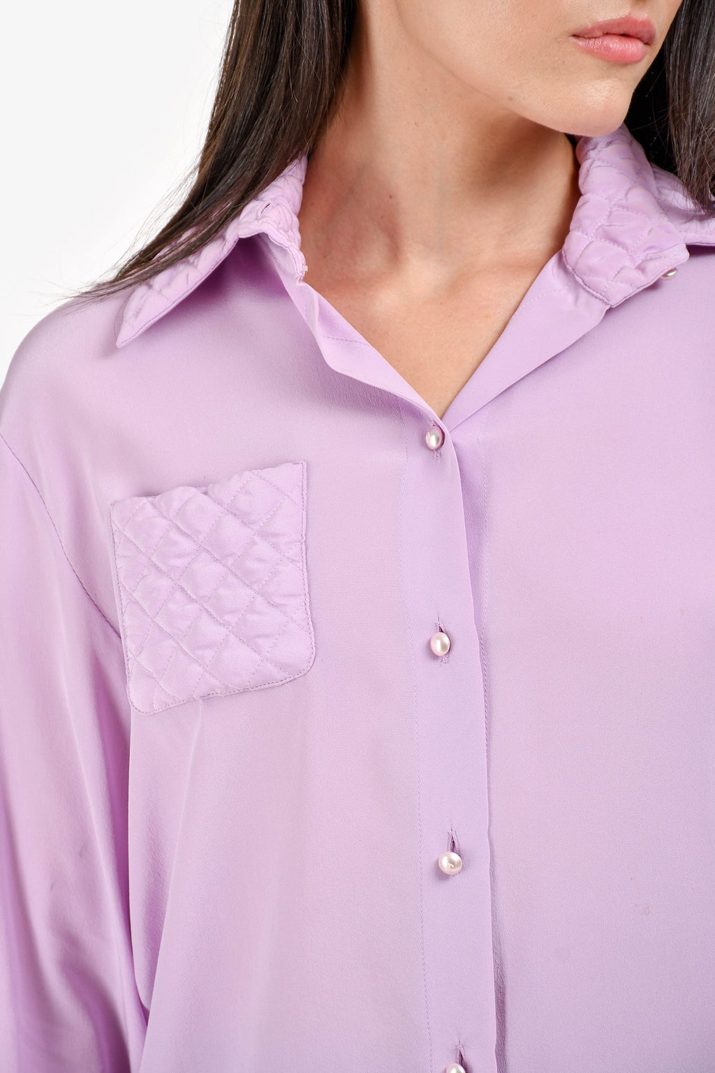 Pre-Loved Chanel™ Lavender Silk CC Button Quilted Details Blouse Size 38
