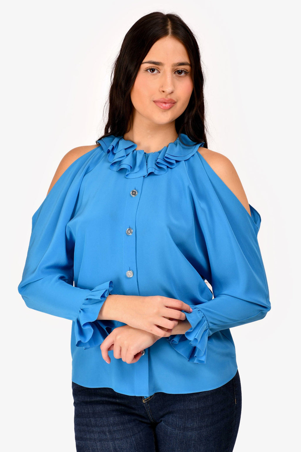 Pre-Loved Chanel™ 2017 Blue Silk Ruffle Cold Shoulder Button Up Shirt Size 34