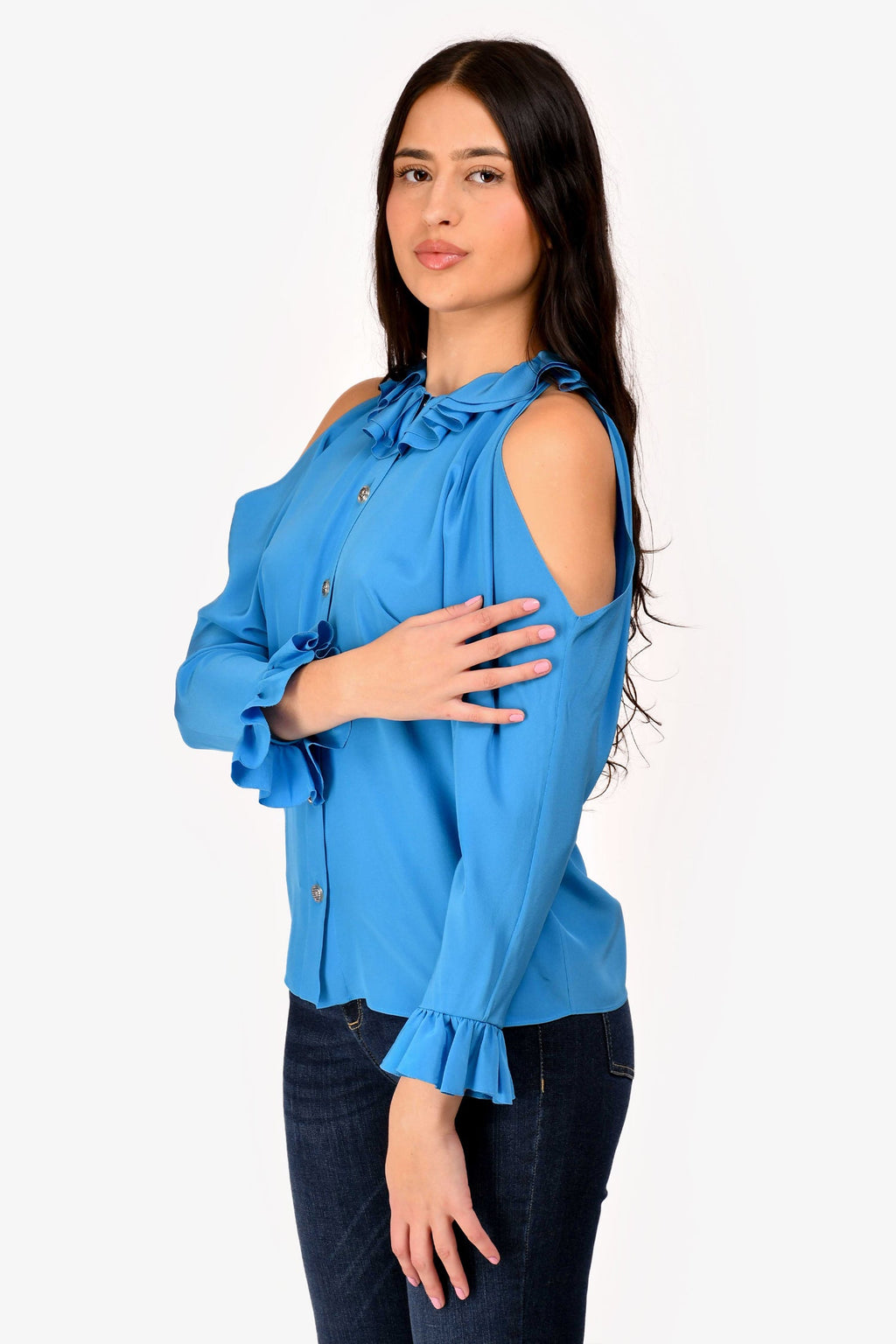 Pre-Loved Chanel™ 2017 Blue Silk Ruffle Cold Shoulder Button Up Shirt Size 34