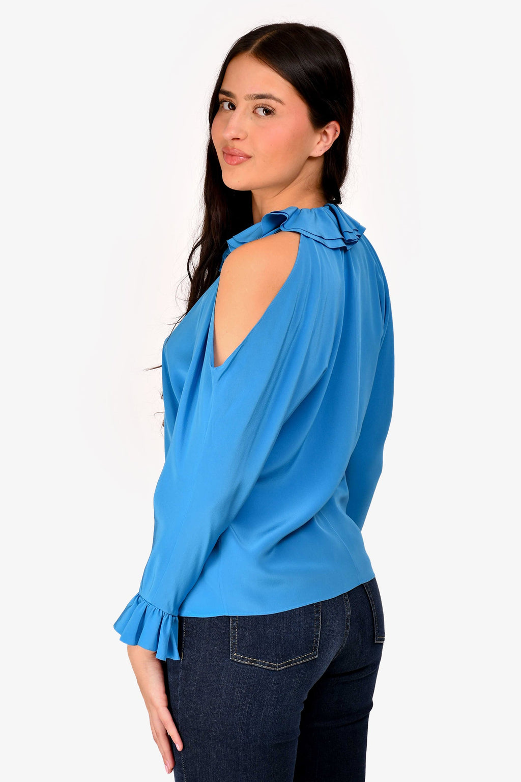 Pre-Loved Chanel™ 2017 Blue Silk Ruffle Cold Shoulder Button Up Shirt Size 34