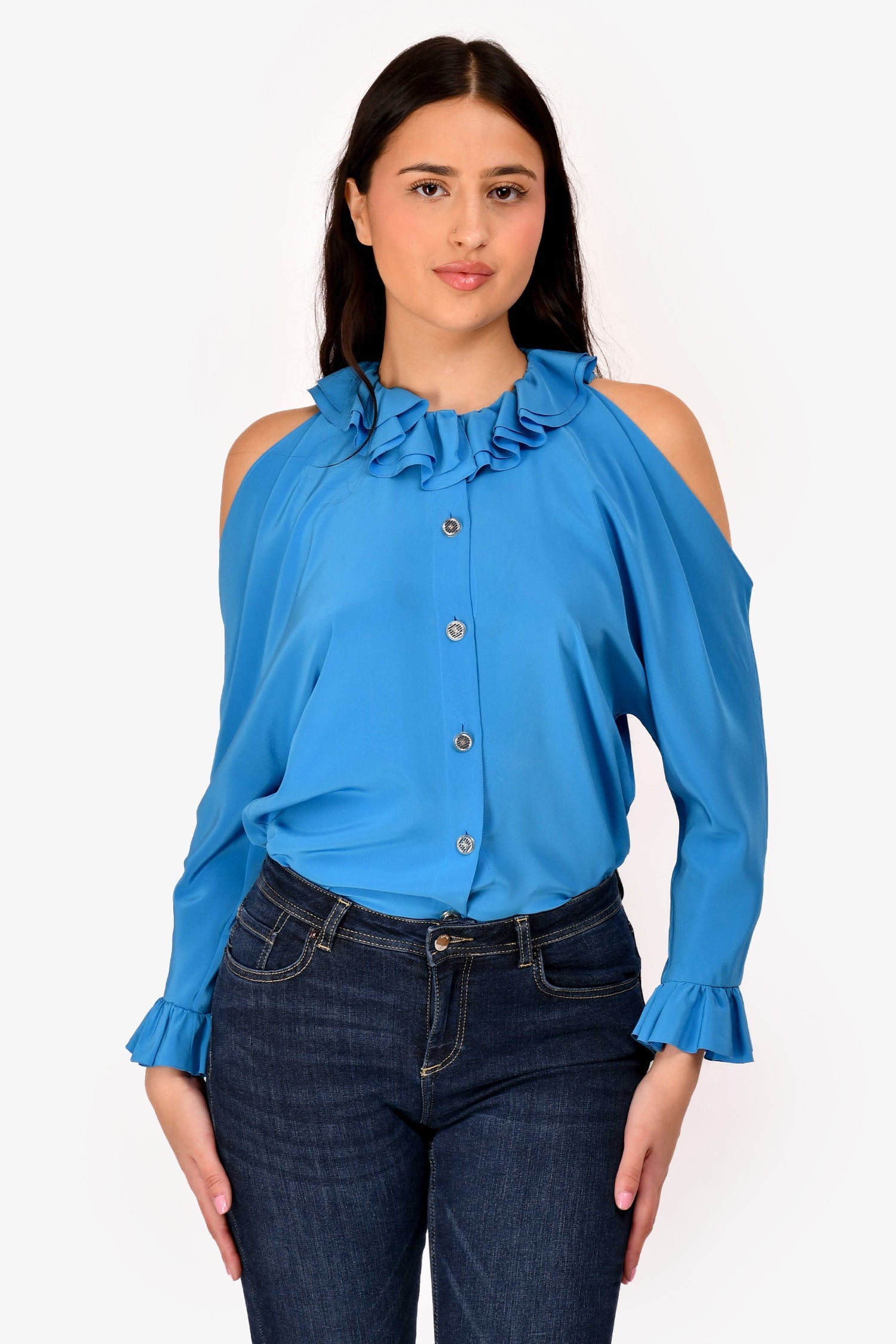 Pre-Loved Chanel™ 2017 Blue Silk Ruffle Cold Shoulder Button Up Shirt Size 34