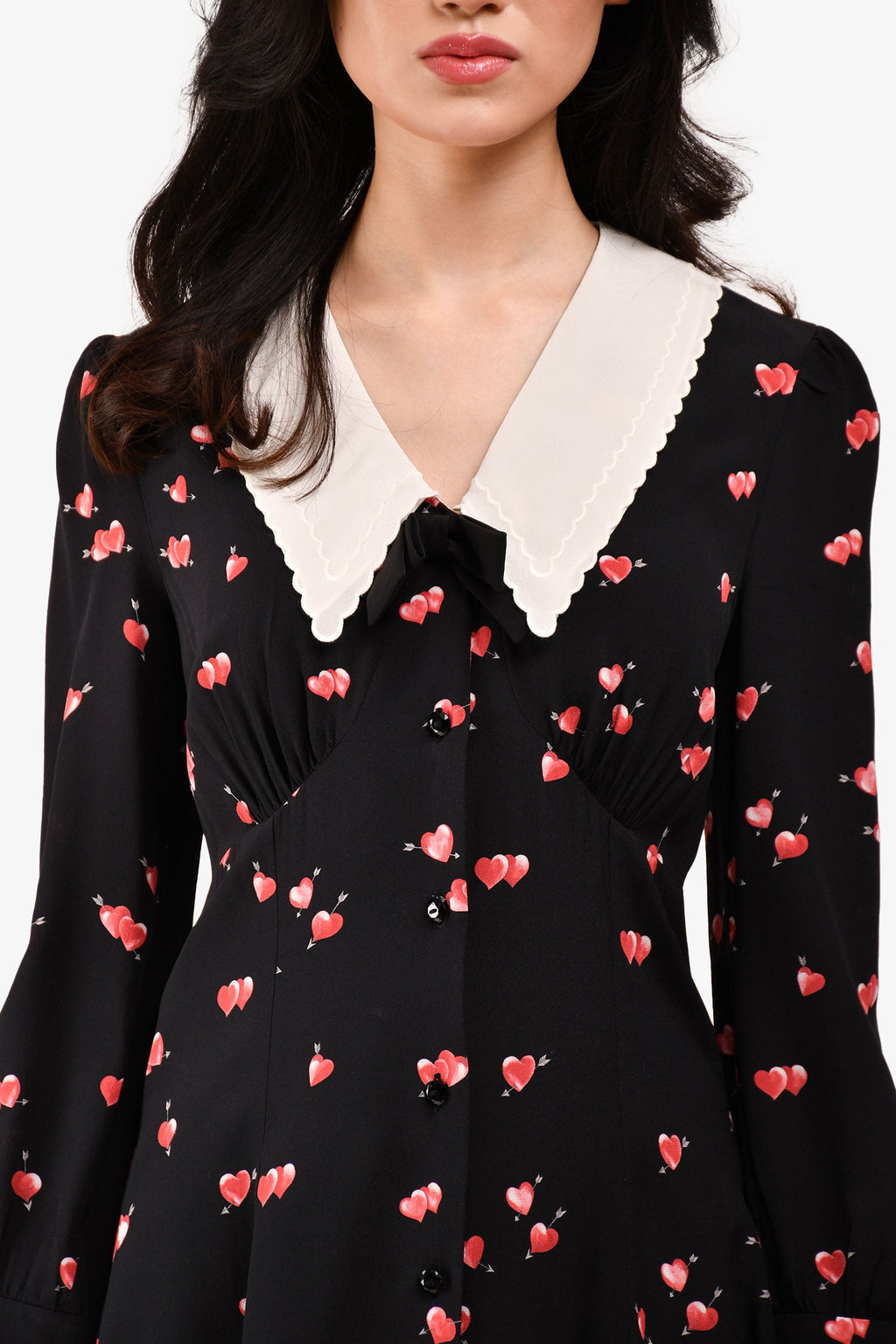Miu Miu 2020 Black/Pink Silk Heart Patterned Collar Detailed Dress Size 38