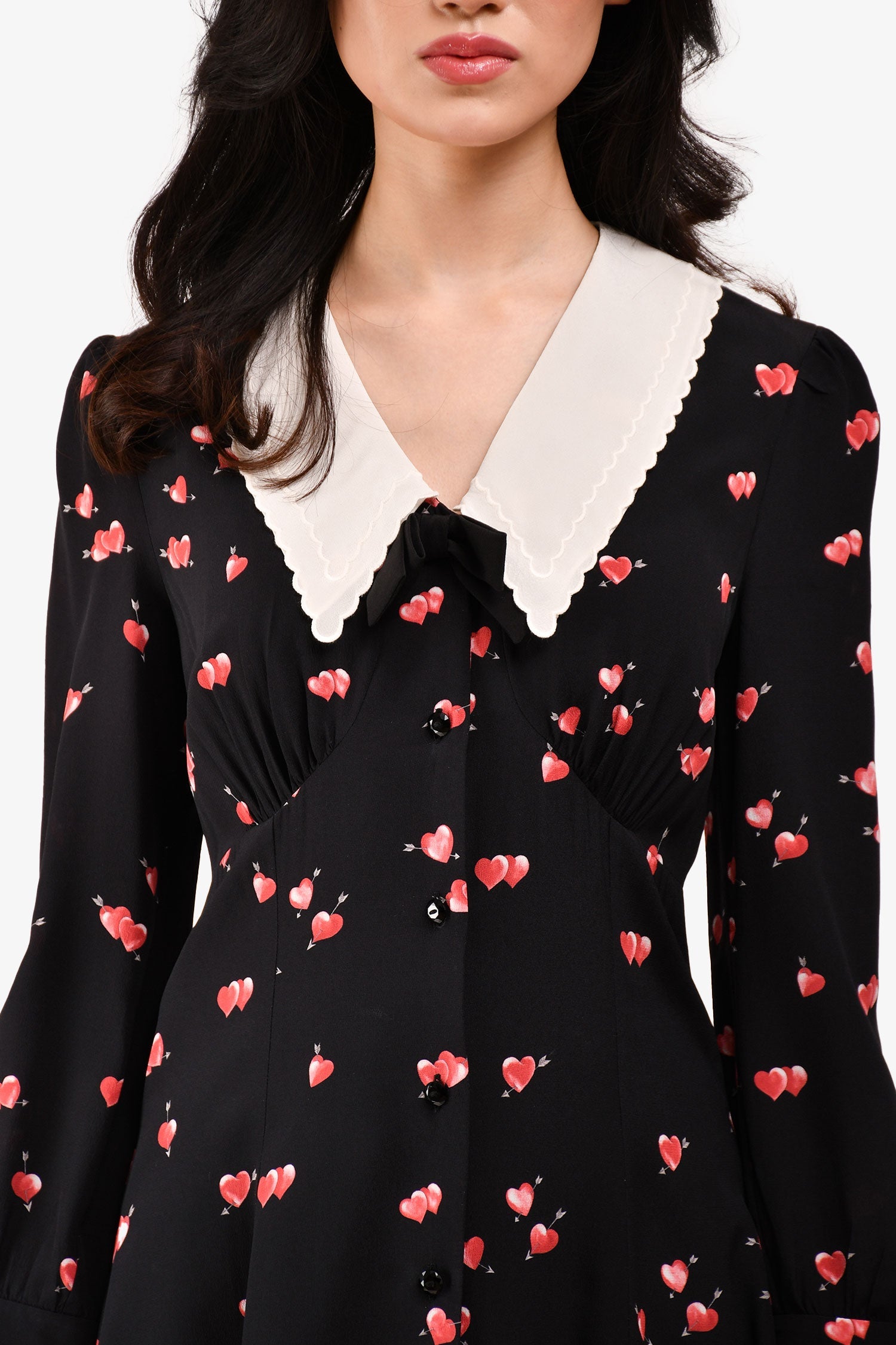 Miu Miu 2020 Black/Pink Silk Heart Patterned Collar Detailed Dress Size 38