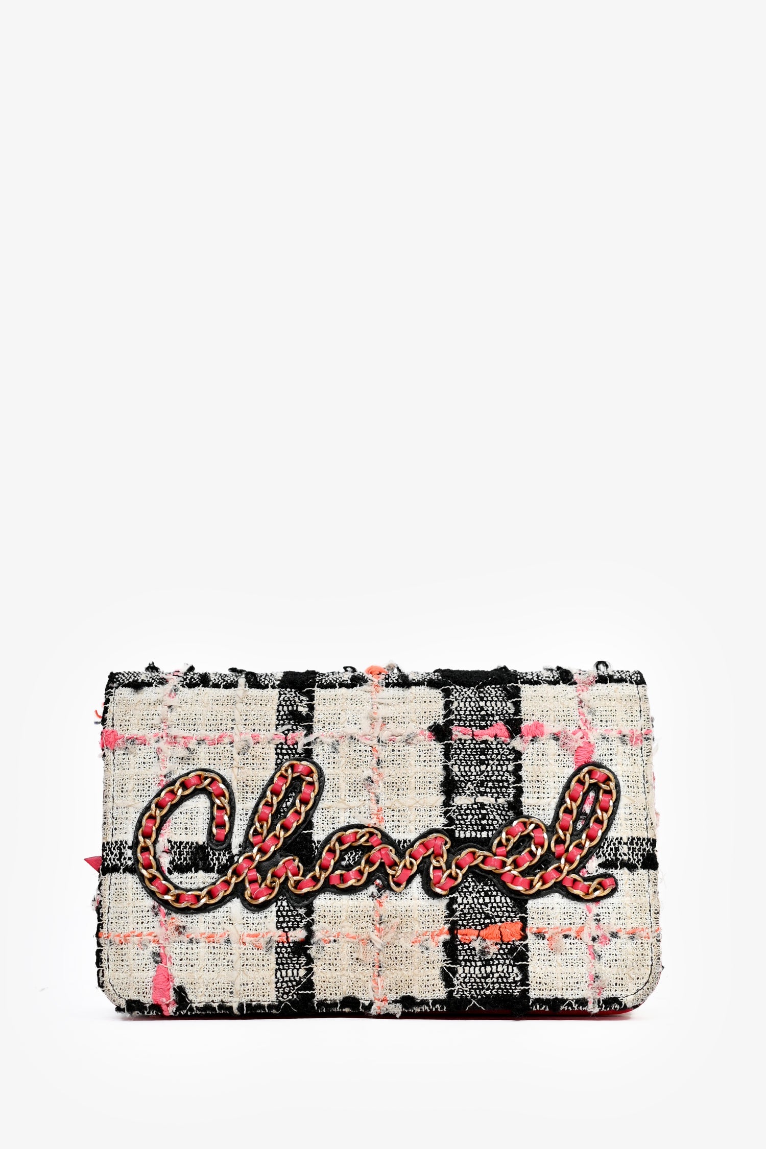 Pre-Loved Chanel™ 2019 Pink/Black/Cream Tweed Wallet On Chain
