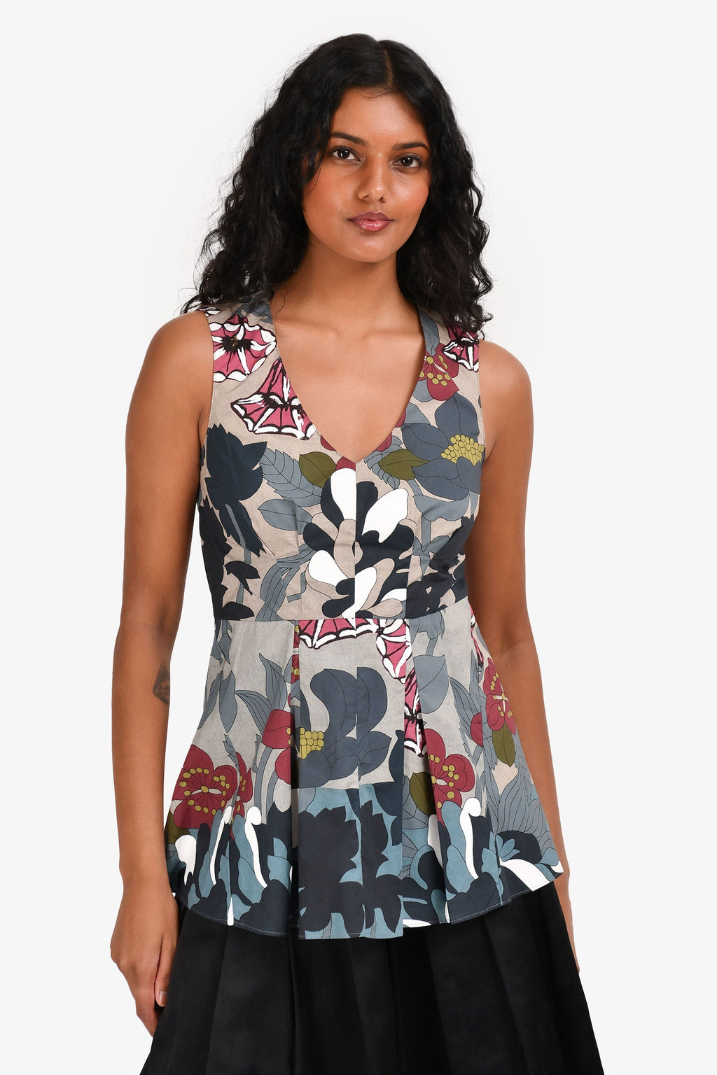 Marni Burgundy/Grey Cotton Floral V-Neck Peplum Top Size 38