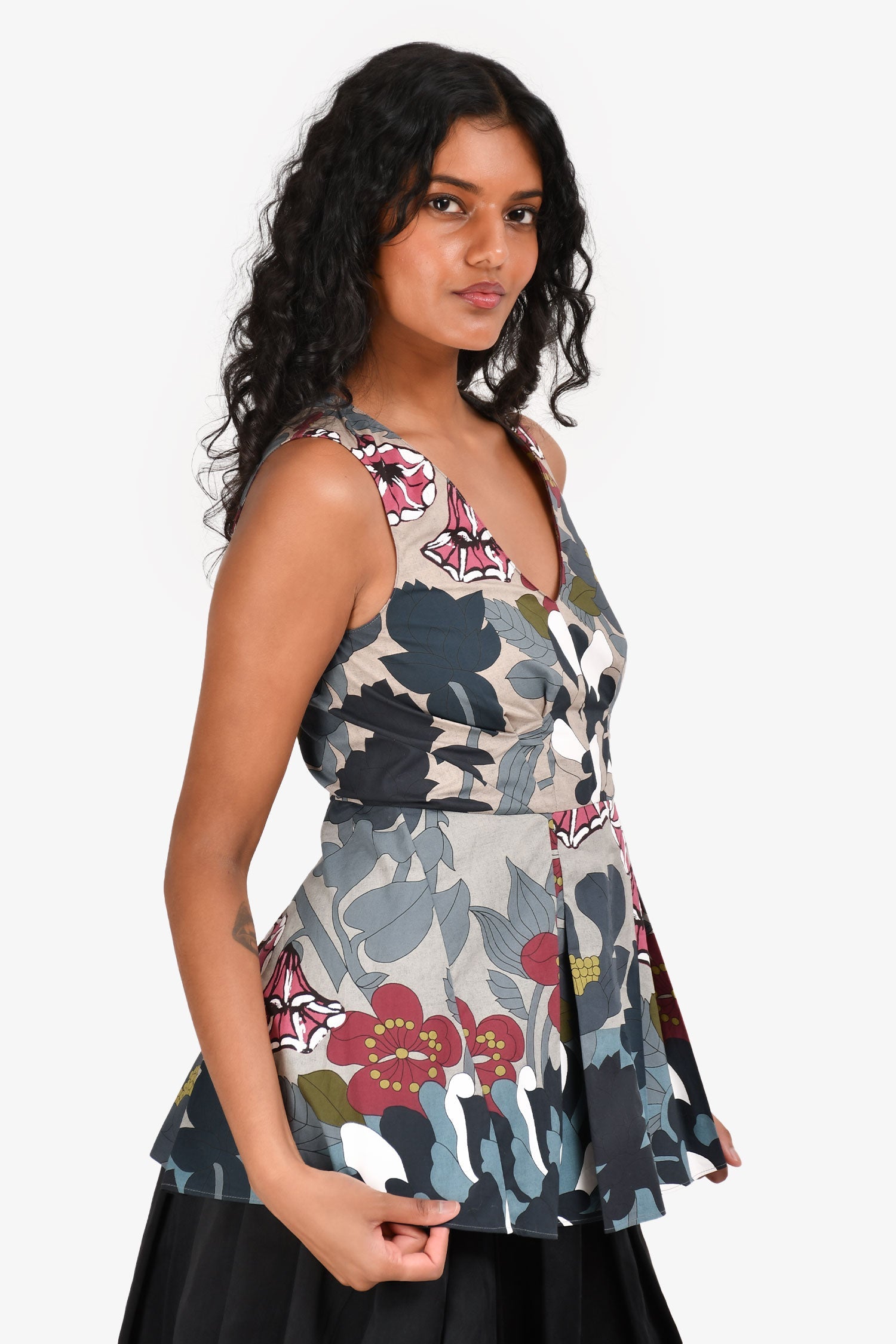 Marni Burgundy/Grey Cotton Floral V-Neck Peplum Top Size 38