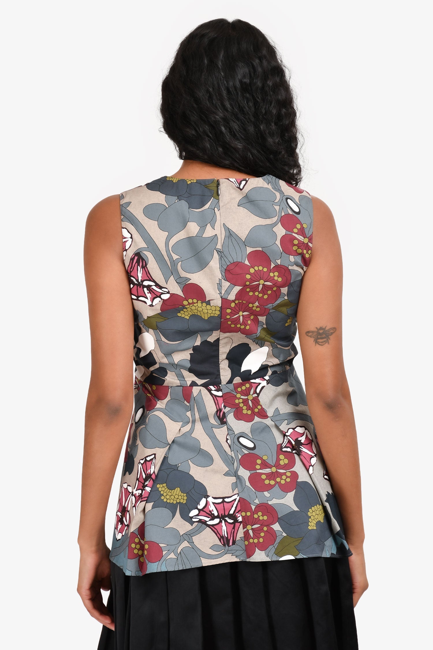 Marni Burgundy/Grey Cotton Floral V-Neck Peplum Top Size 38