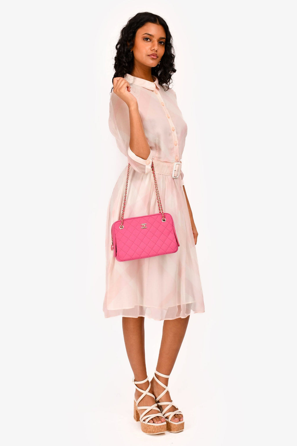 Pre-Loved Chanel™ 2019-20 Fuchsia Quilted Jersey Zip Double Chain Bag