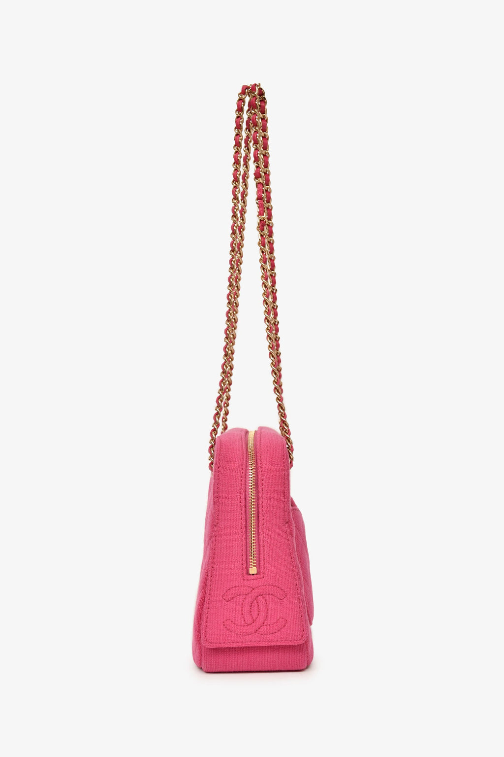 Pre-Loved Chanel™ 2019-20 Fuchsia Quilted Jersey Zip Double Chain Bag
