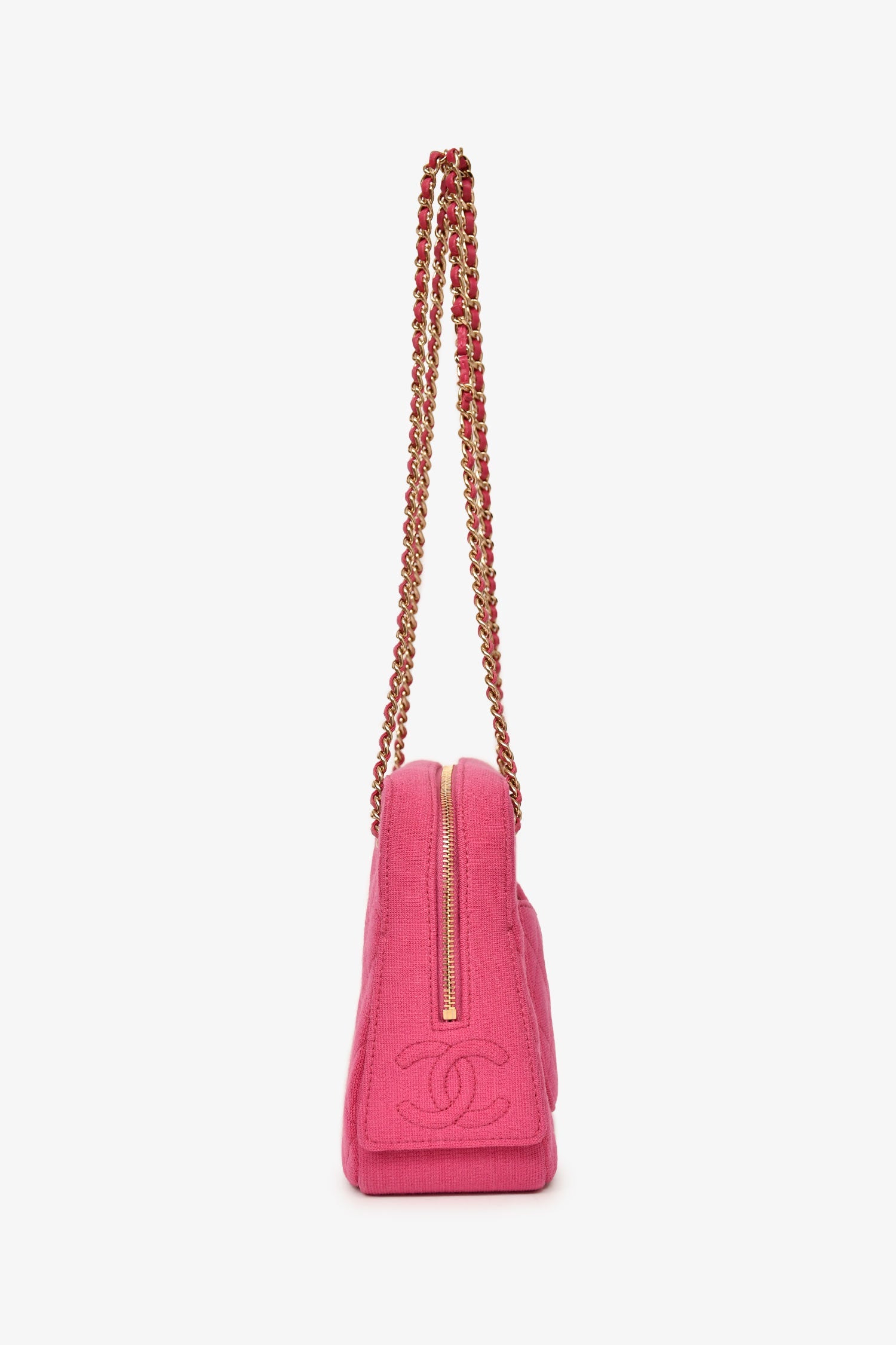 Pre-Loved Chanel™ 2019-20 Fuchsia Quilted Jersey Zip Double Chain Bag