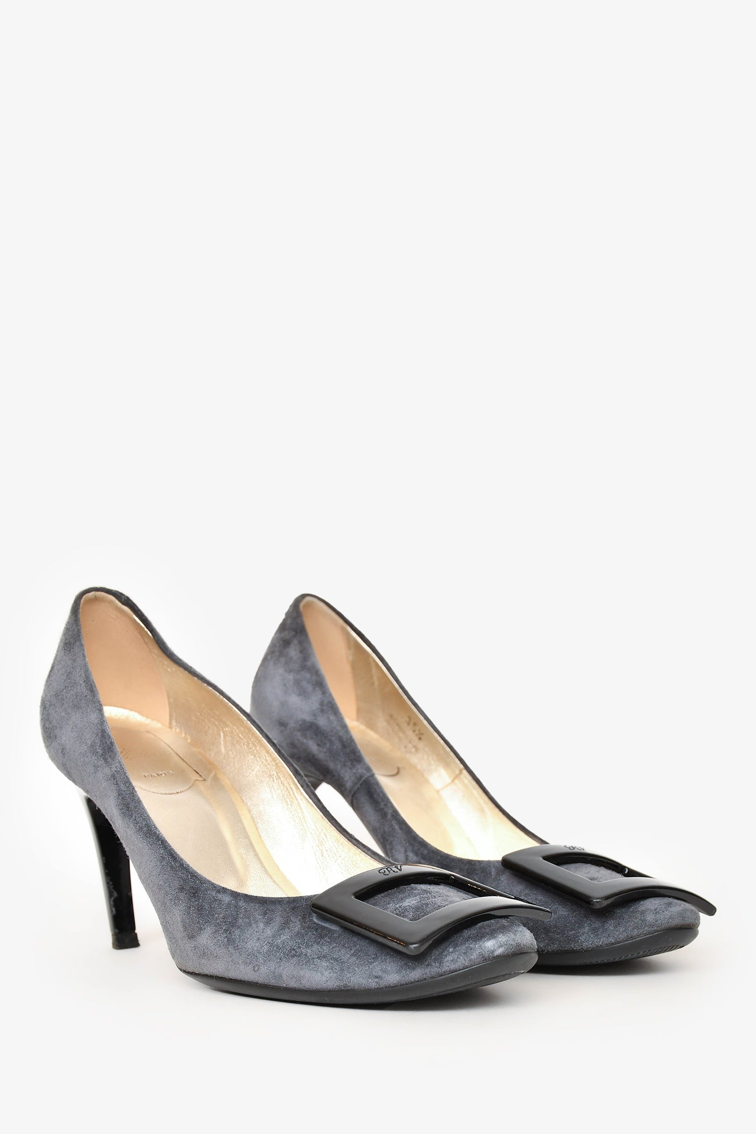 Roger Vivier Grey Suede Black Buckle Heels Size 35