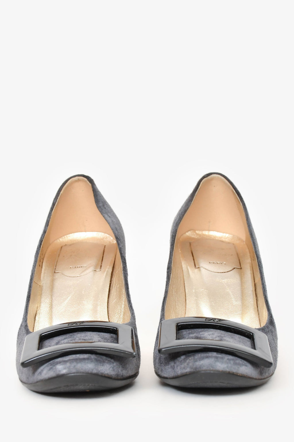 Roger Vivier Grey Suede Black Buckle Heels Size 35