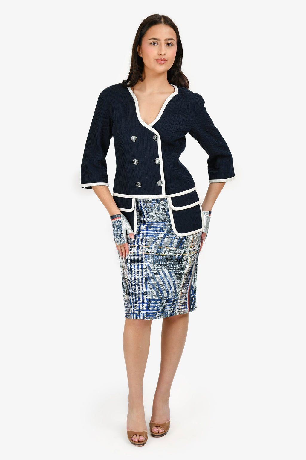 Pre-Loved Chanel™ 2016 S/S Runway Blue/Multi Tweed Midi Skirt Size 36 + Matching Gloves