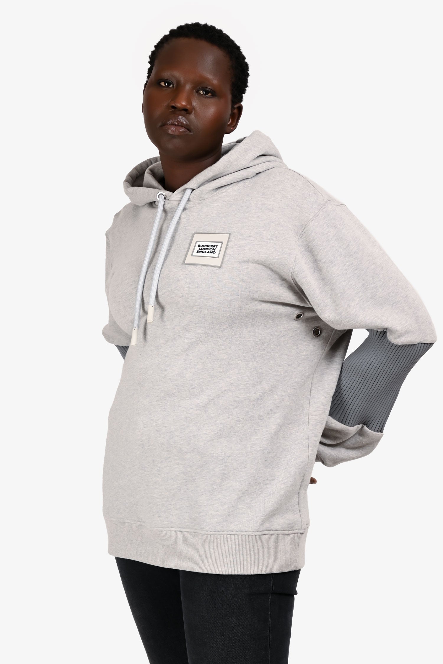 Burberry 2023 Grey Stretch Knit Sleeve Patch Logo Hoodie Size M Mens