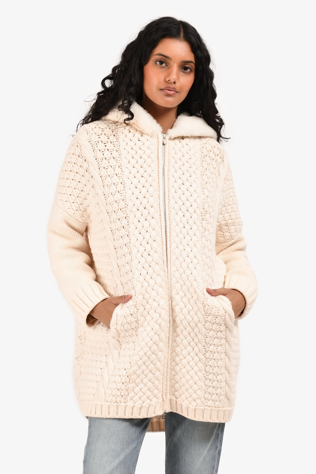Loro Piana Cream Cashmere Chunky Cable Knit Zip Fur Hooded igan Size S
