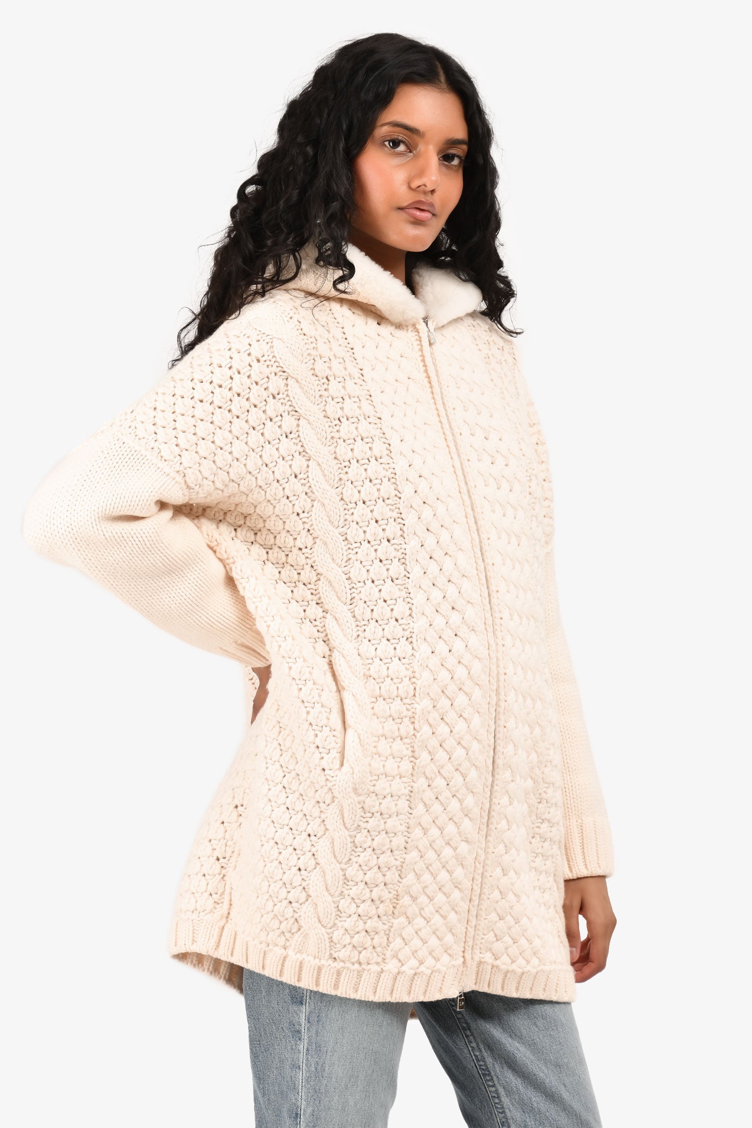 Loro Piana Cream Cashmere Chunky Cable Knit Zip Fur Hooded igan Size S