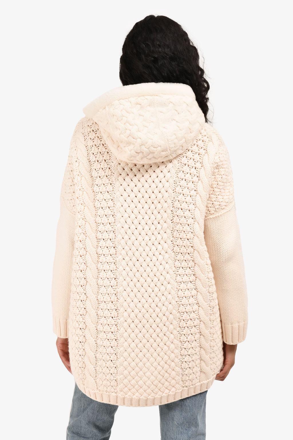 Loro Piana Cream Cashmere Chunky Cable Knit Zip Fur Hooded igan Size S