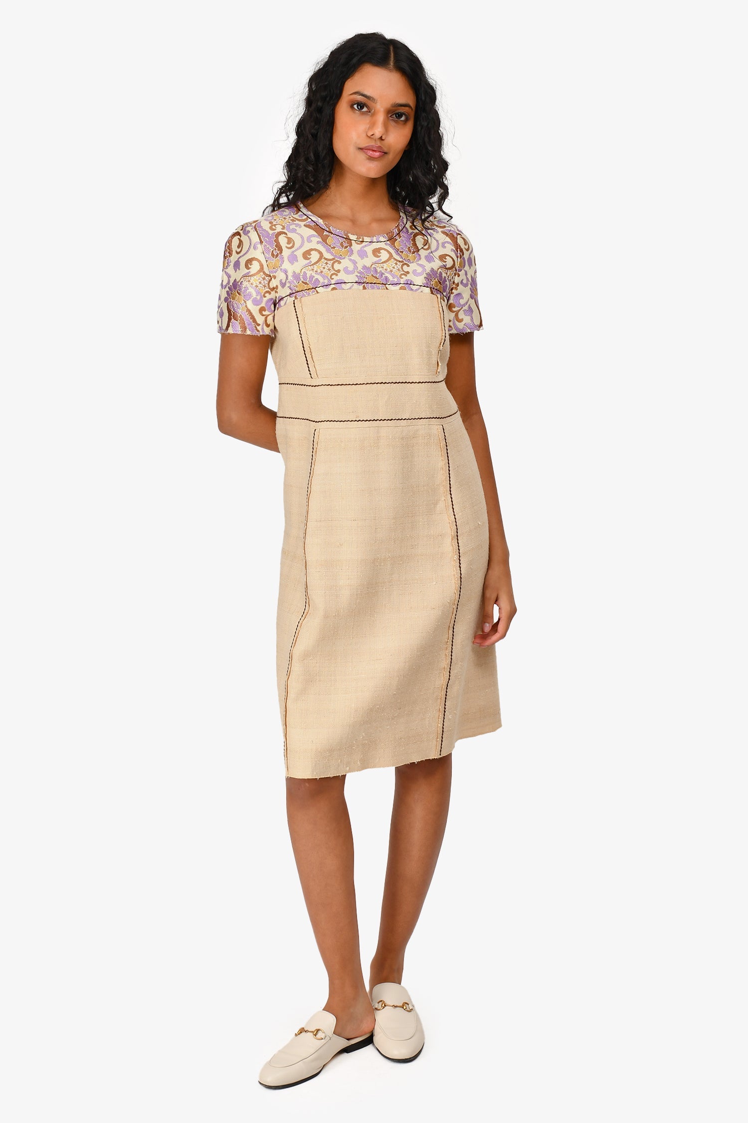 Prada Purple Embroidered Flax Cotton Shift Dress Size 42