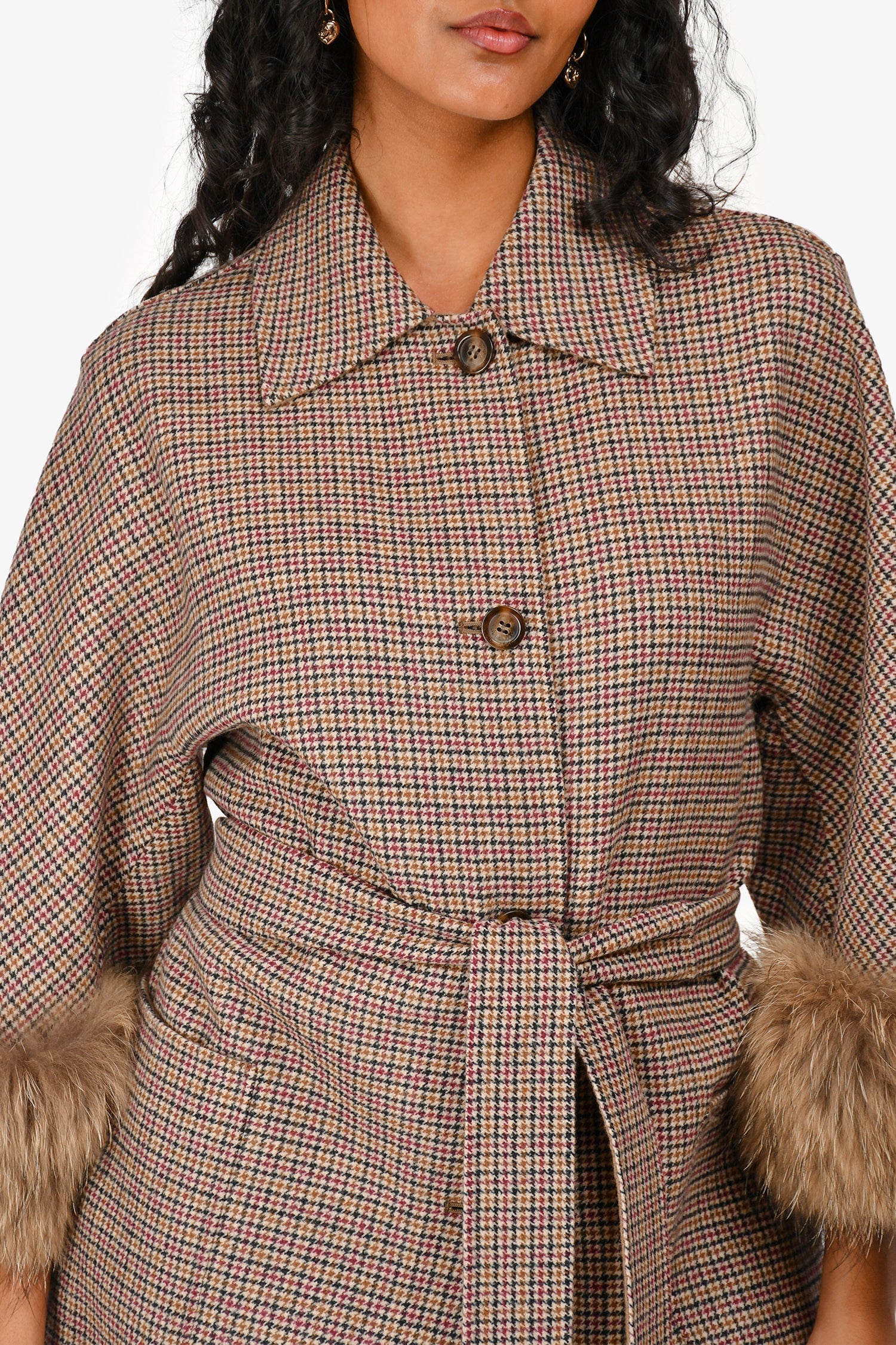 Weekend Max Mara Beige Houndstooth Wool Fur Trimmed Coat Size 4