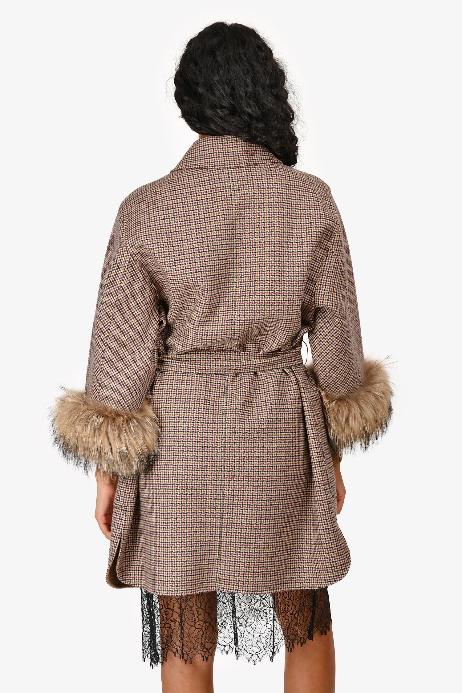 Weekend Max Mara Beige Houndstooth Wool Fur Trimmed Coat Size 4