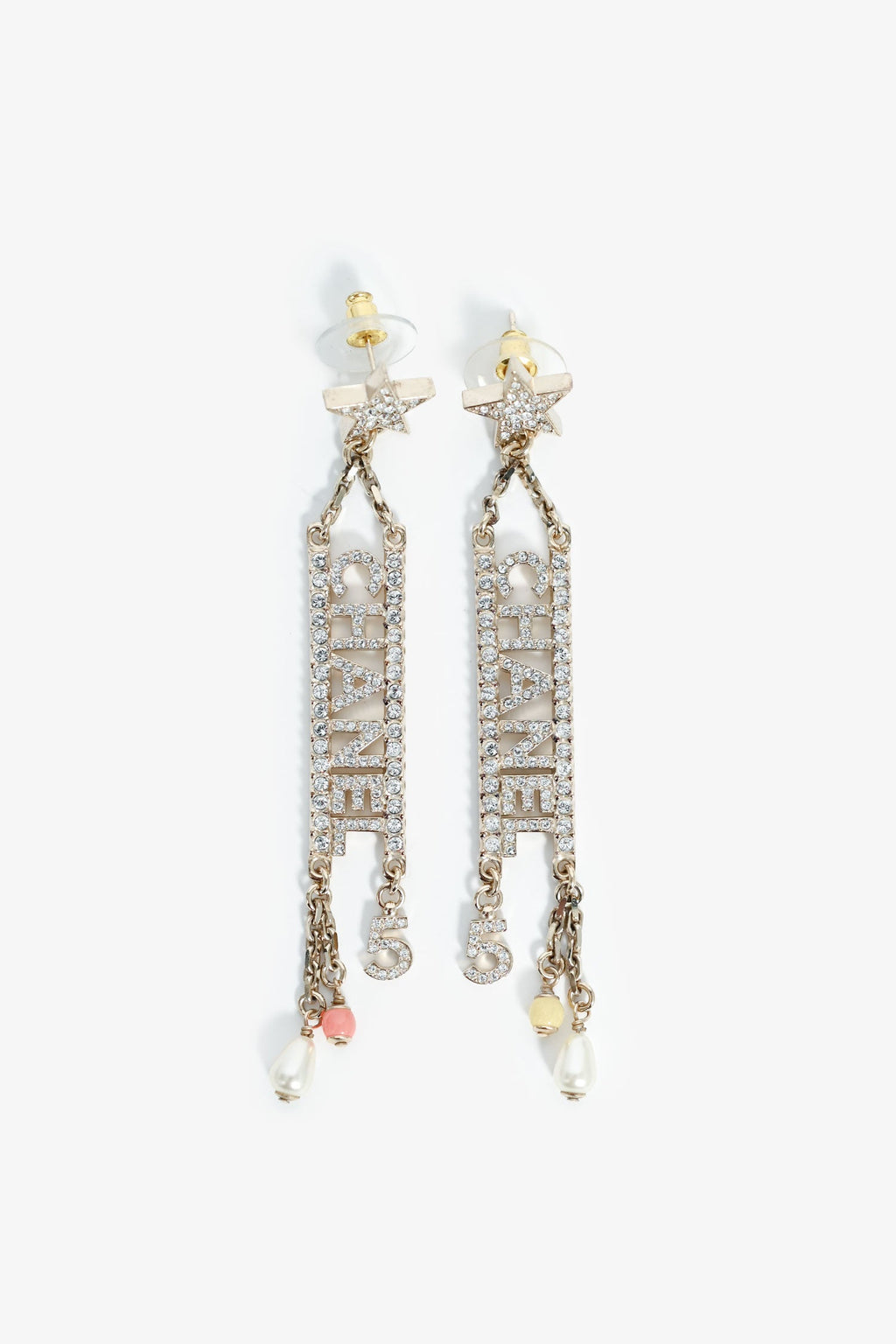 Pre-Loved Chanel™ 2022 Gold Tone Crystal Logo Number 5 Earrings