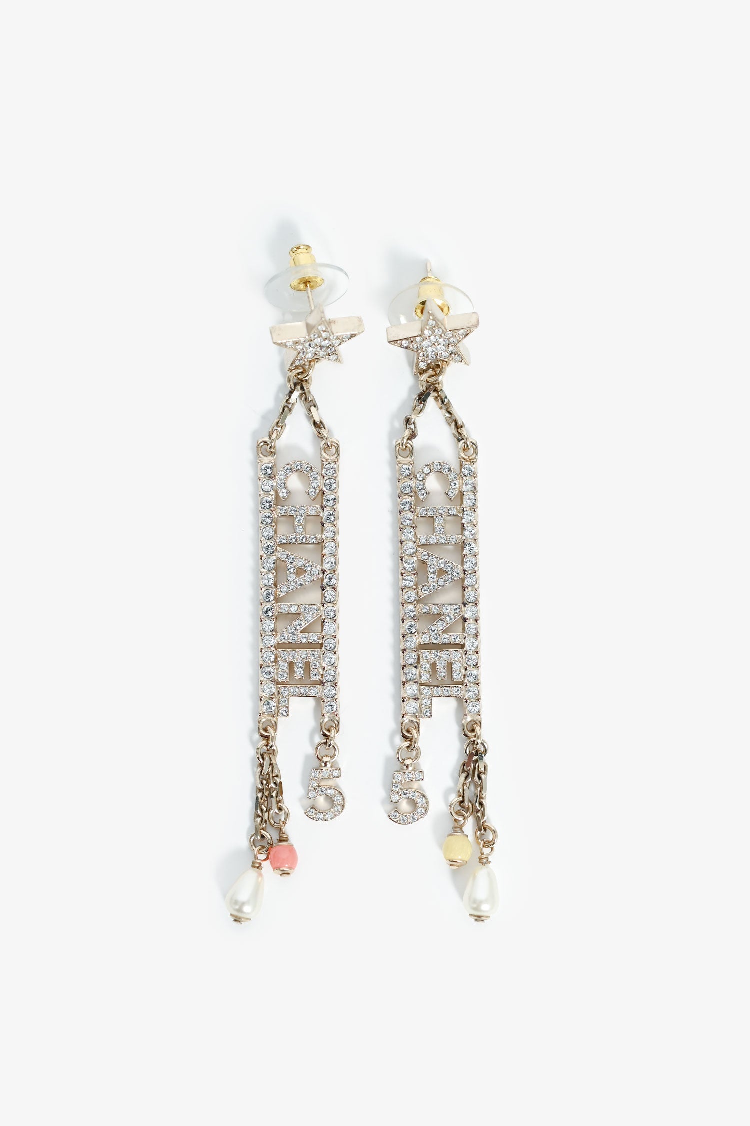 Pre-Loved Chanel™ 2022 Gold Tone Crystal Logo Number 5 Earrings
