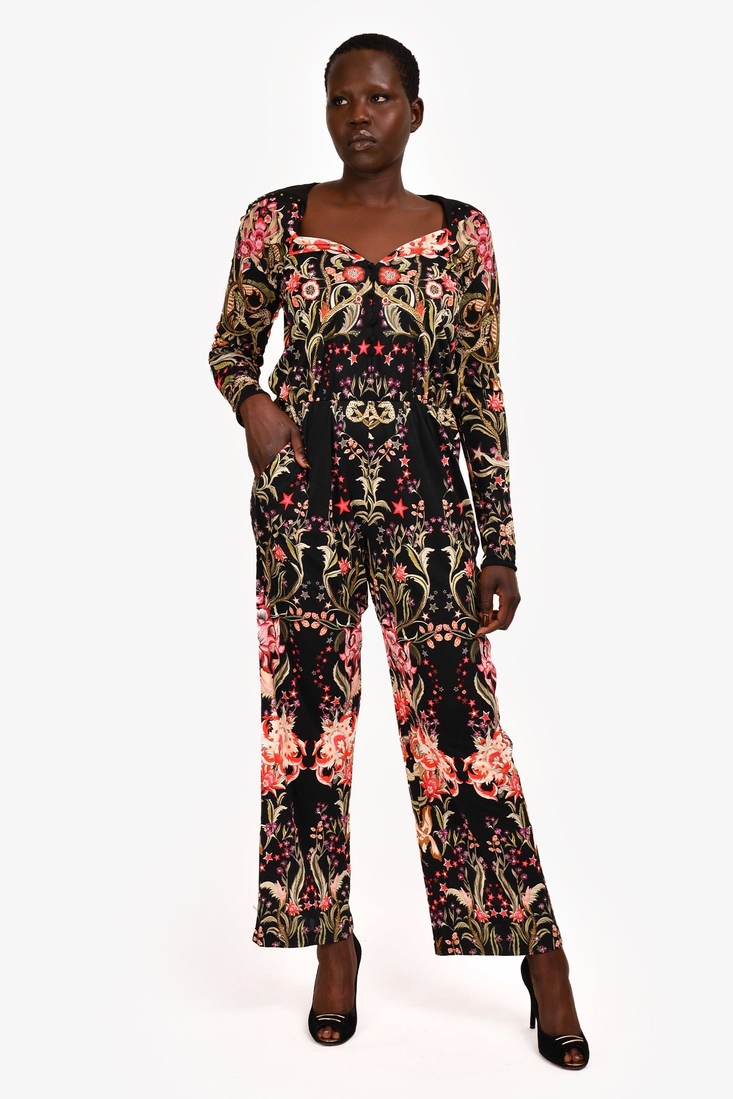 Roberto Cavalli Black Multicolour Floral Pattern Long Sleeves Wide Leg Jumpsuit Size 44