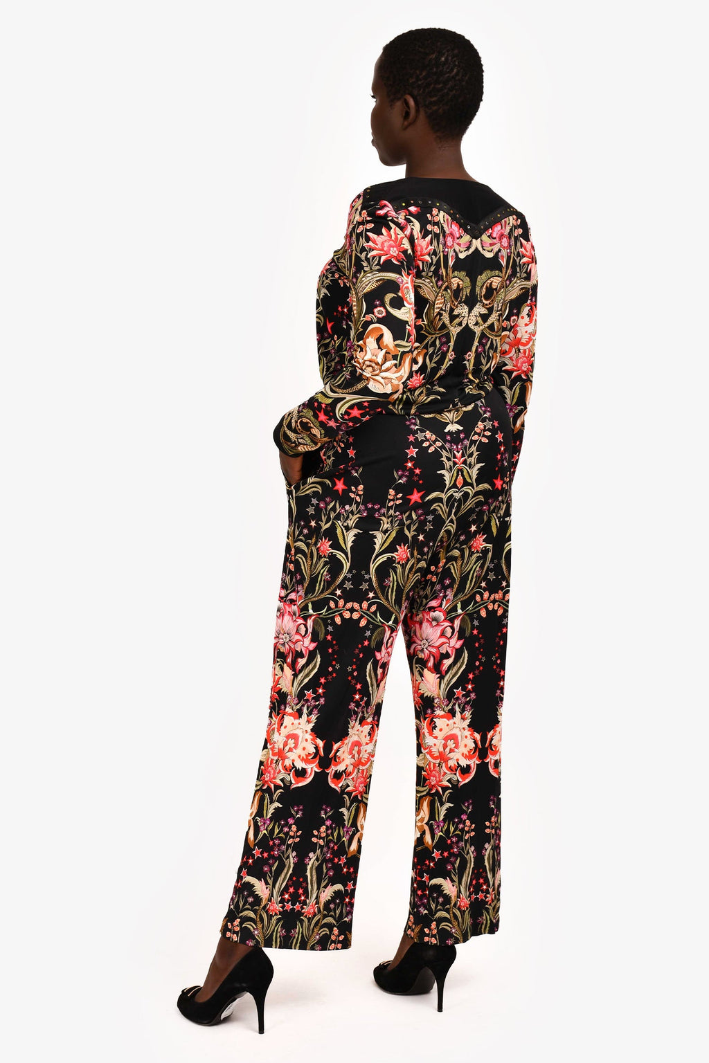 Roberto Cavalli Black Multicolour Floral Pattern Long Sleeves Wide Leg Jumpsuit Size 44
