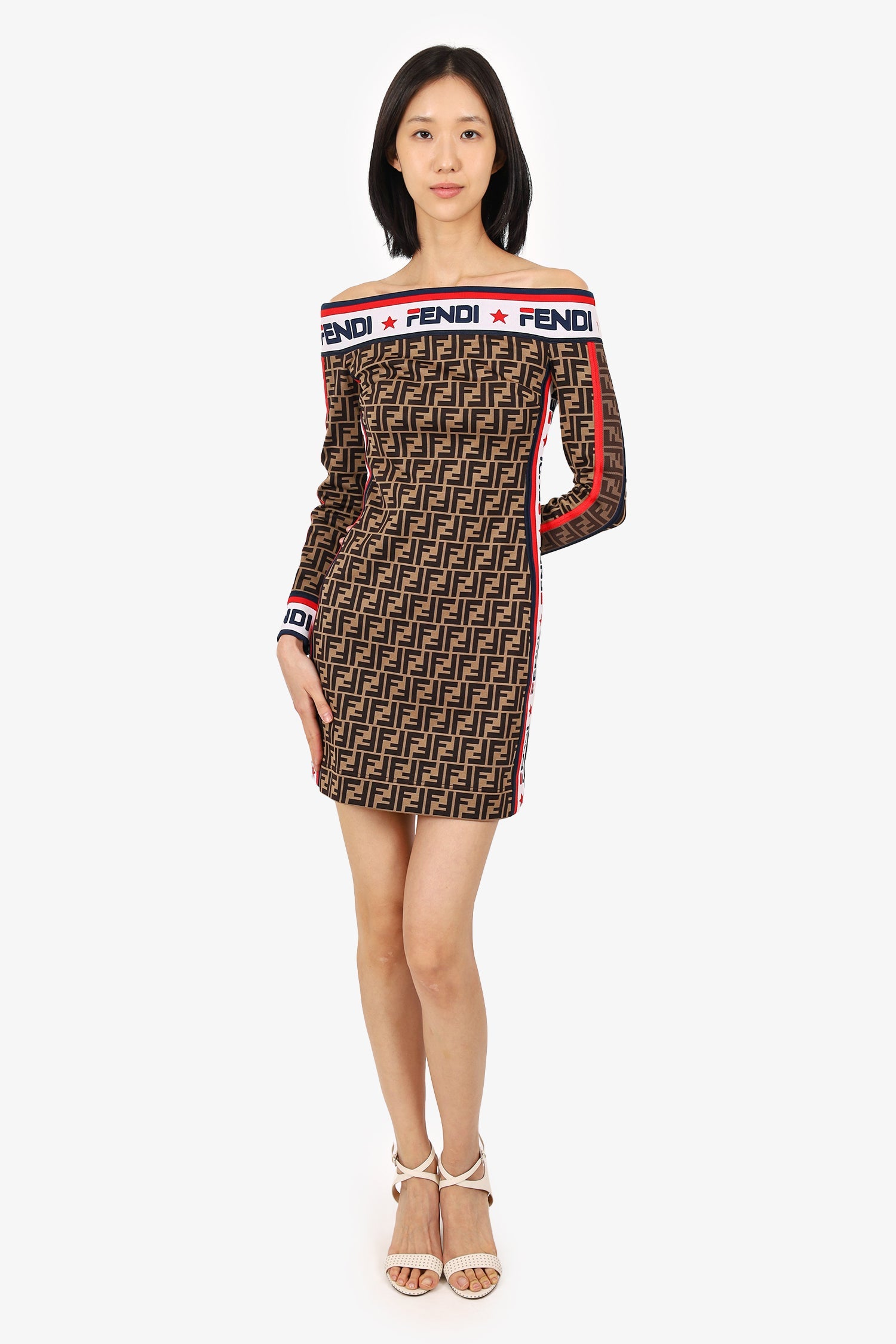 Fendi Brown Zucca Print Off The Shoulder Bodycon Dress Size 38