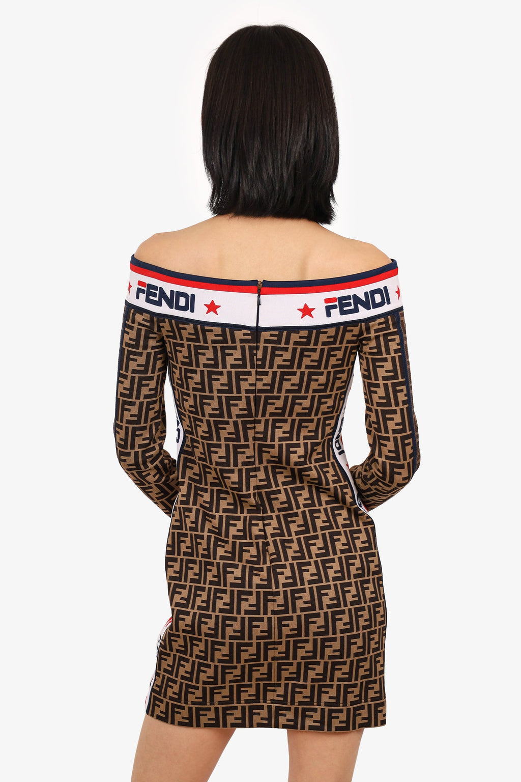 Fendi Brown Zucca Print Off The Shoulder Bodycon Dress Size 38