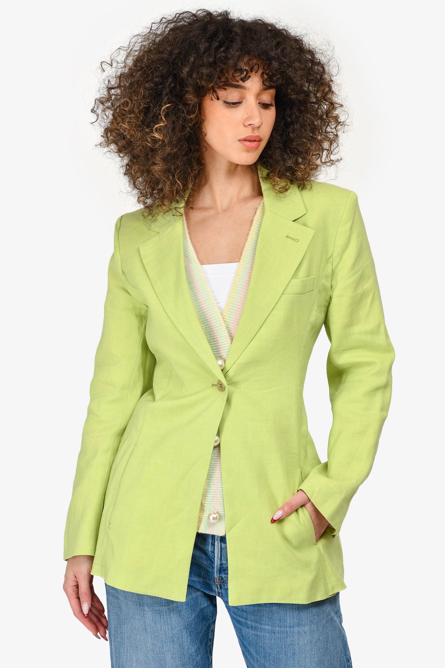 Jacquemus Neon Green Linen Single Breasted Blazer Size 32