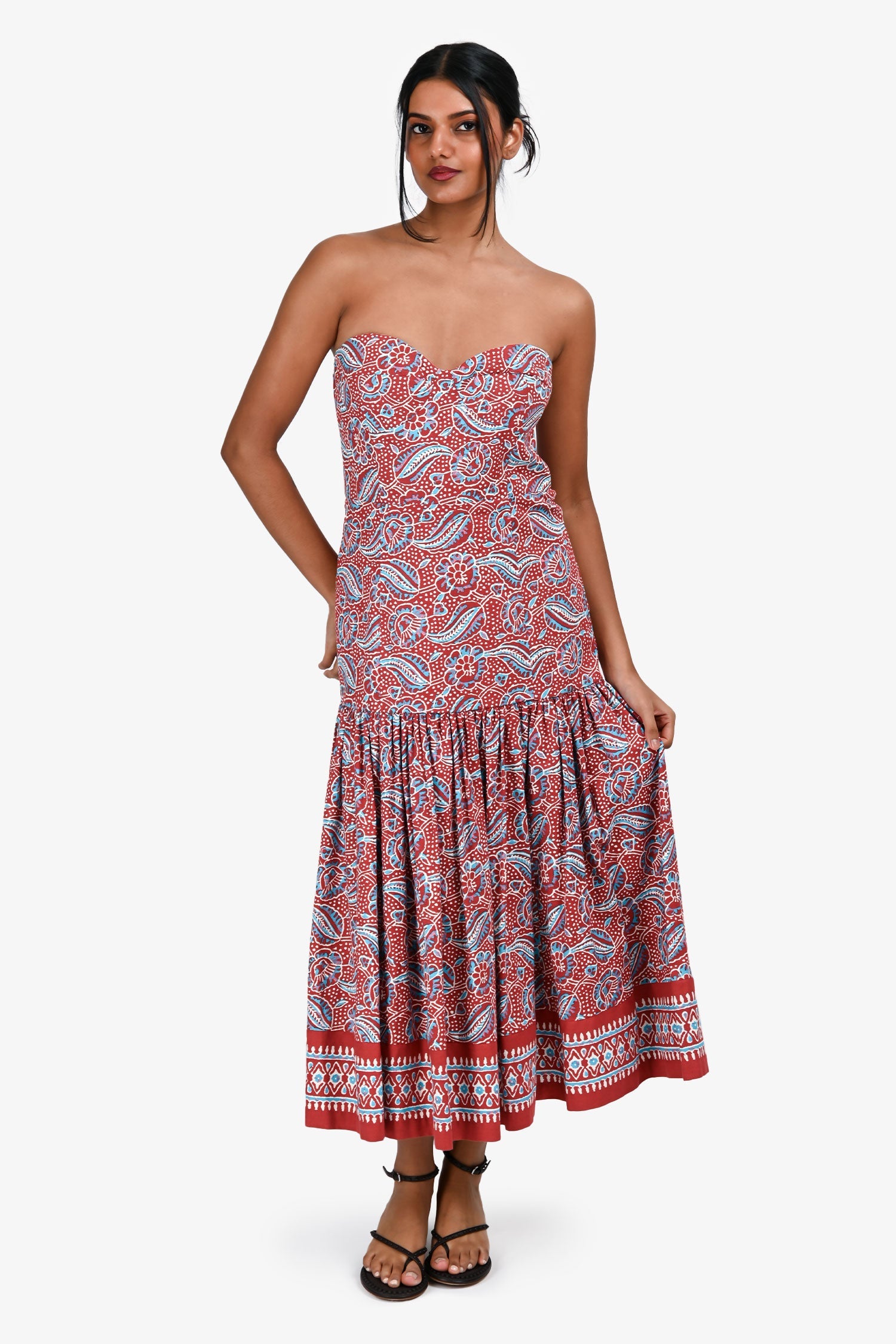 Veronica Beard Red & Blue Printed Strapless Midi Dress Size 8