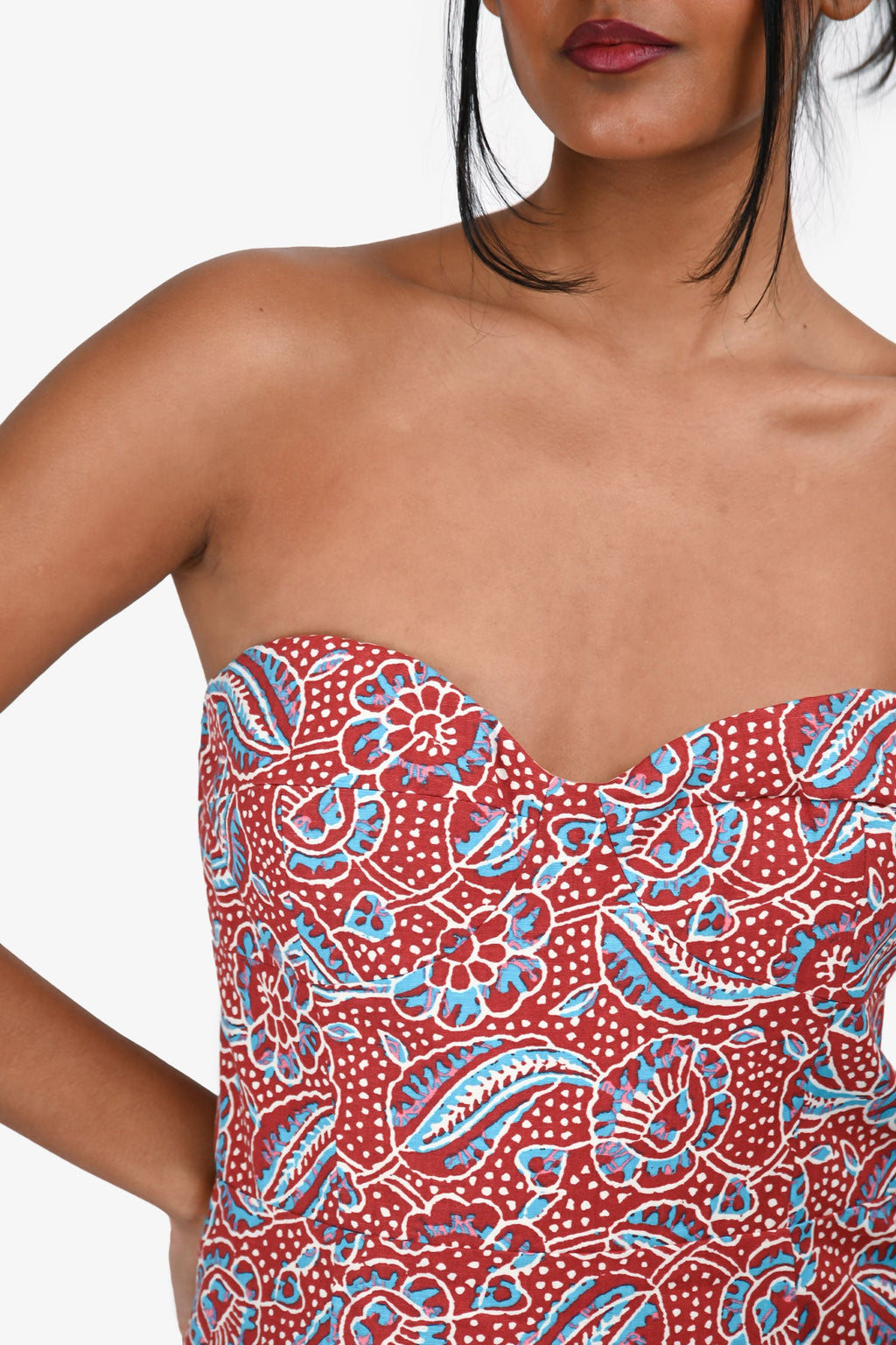 Veronica Beard Red & Blue Printed Strapless Midi Dress Size 8