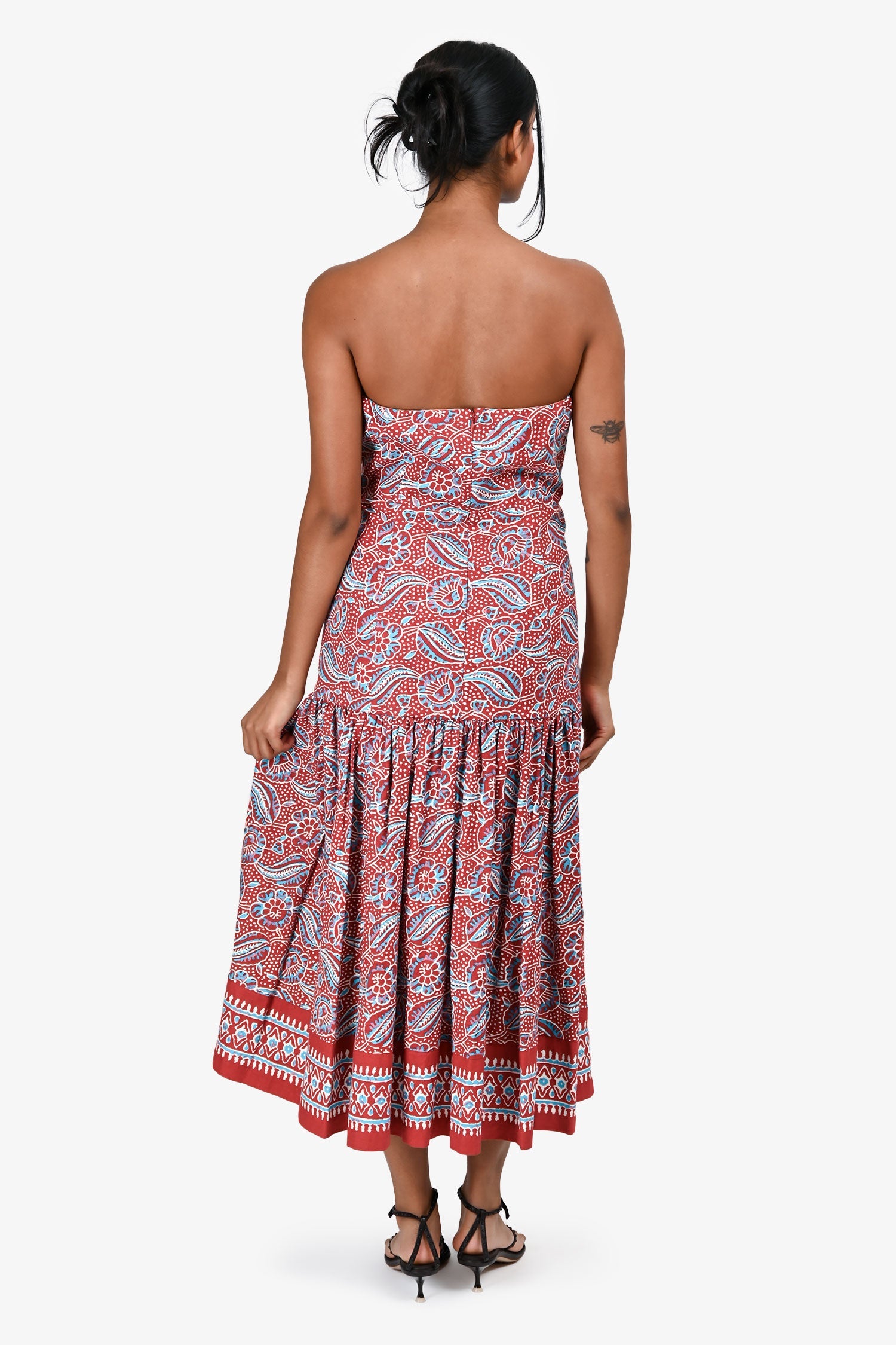 Veronica Beard Red & Blue Printed Strapless Midi Dress Size 8
