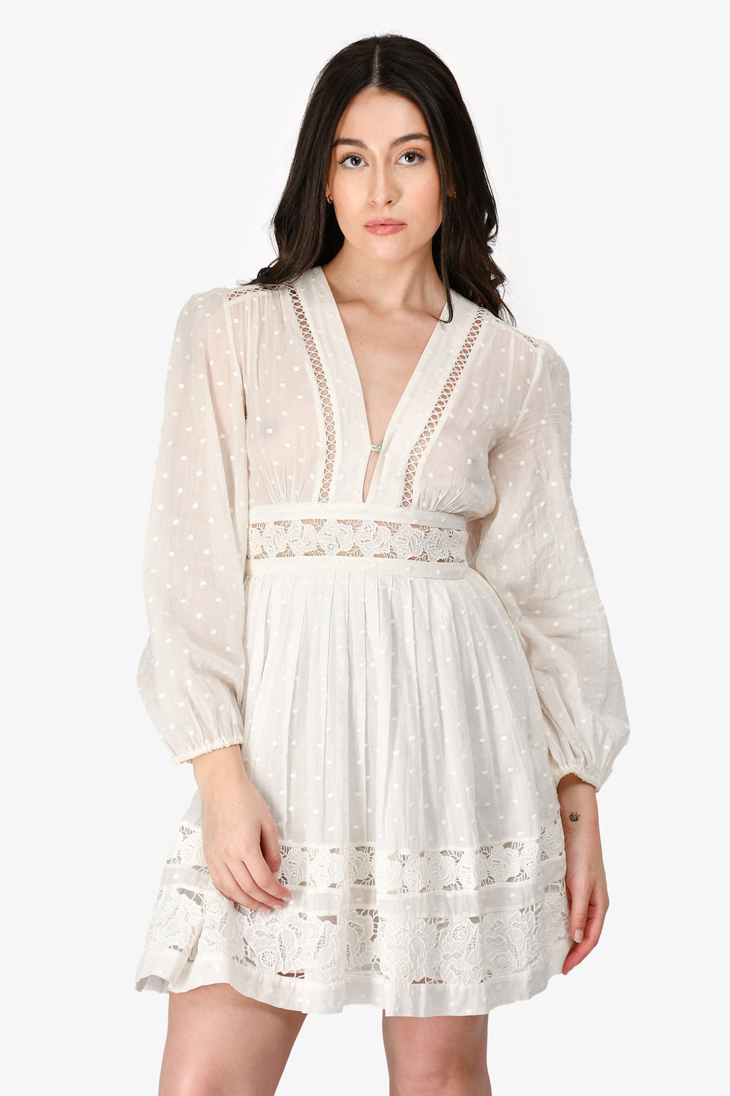 Zimmermann White Cotton Dotted Crochet Detailed V-Neck Long Sleeve Mini Dress Size 1