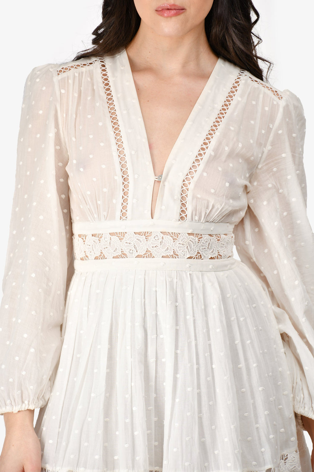 Zimmermann White Cotton Dotted Crochet Detailed V-Neck Long Sleeve Mini Dress Size 1