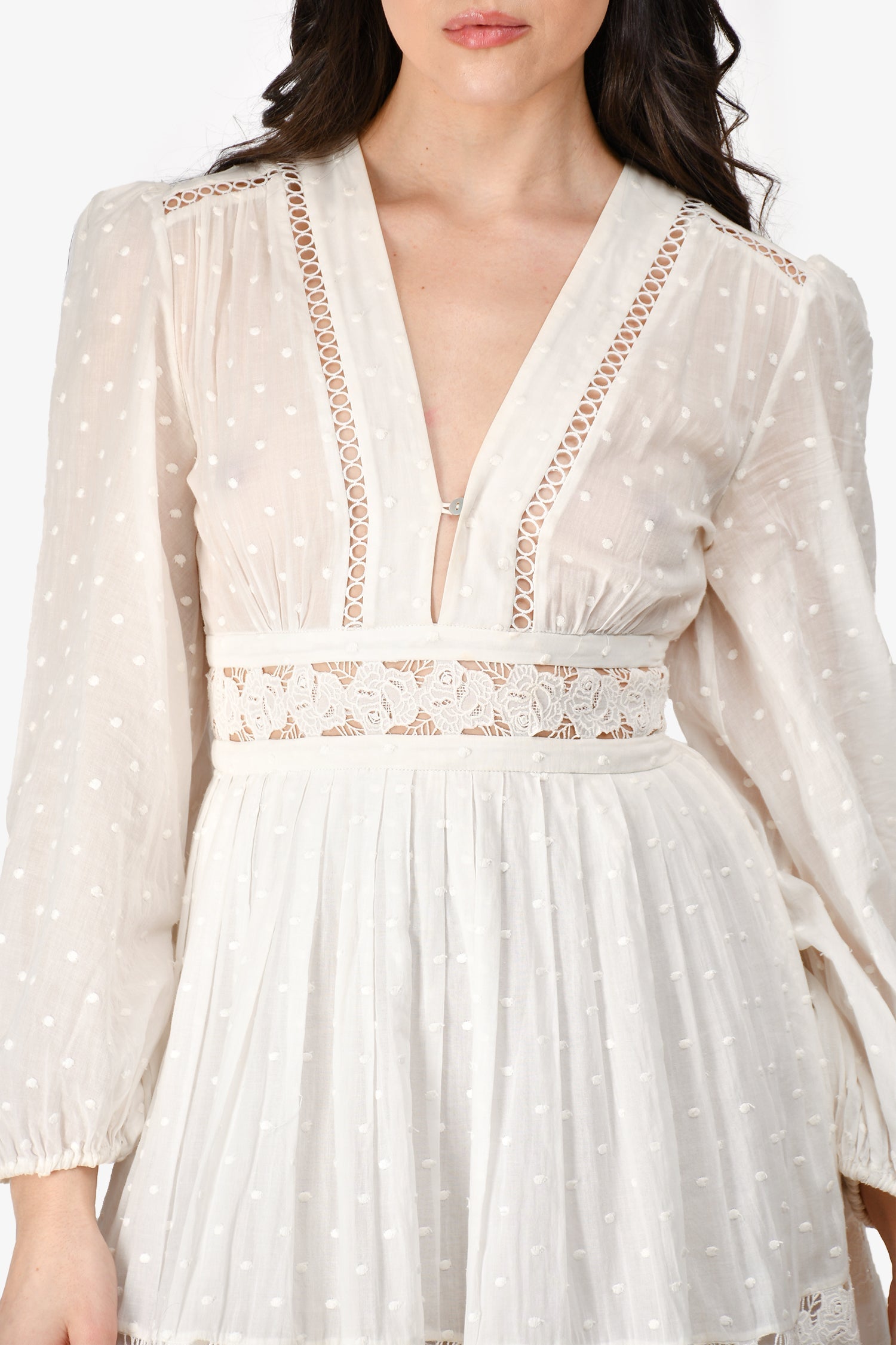 Zimmermann White Cotton Dotted Crochet Detailed V-Neck Long Sleeve Mini Dress Size 1