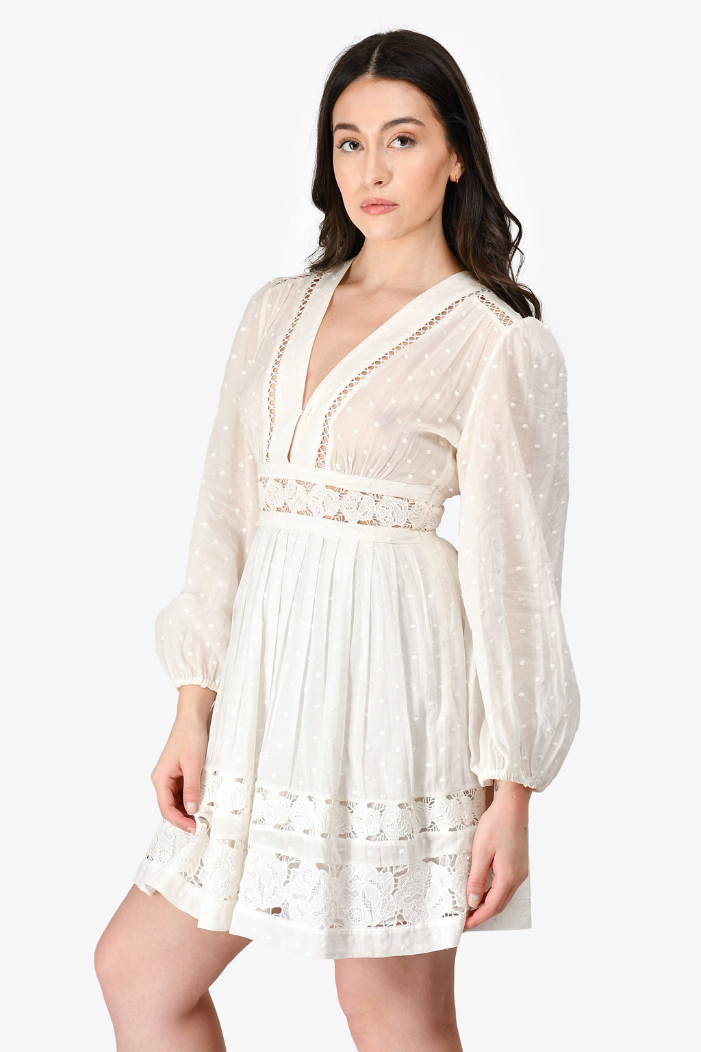 Zimmermann White Cotton Dotted Crochet Detailed V-Neck Long Sleeve Mini Dress Size 1