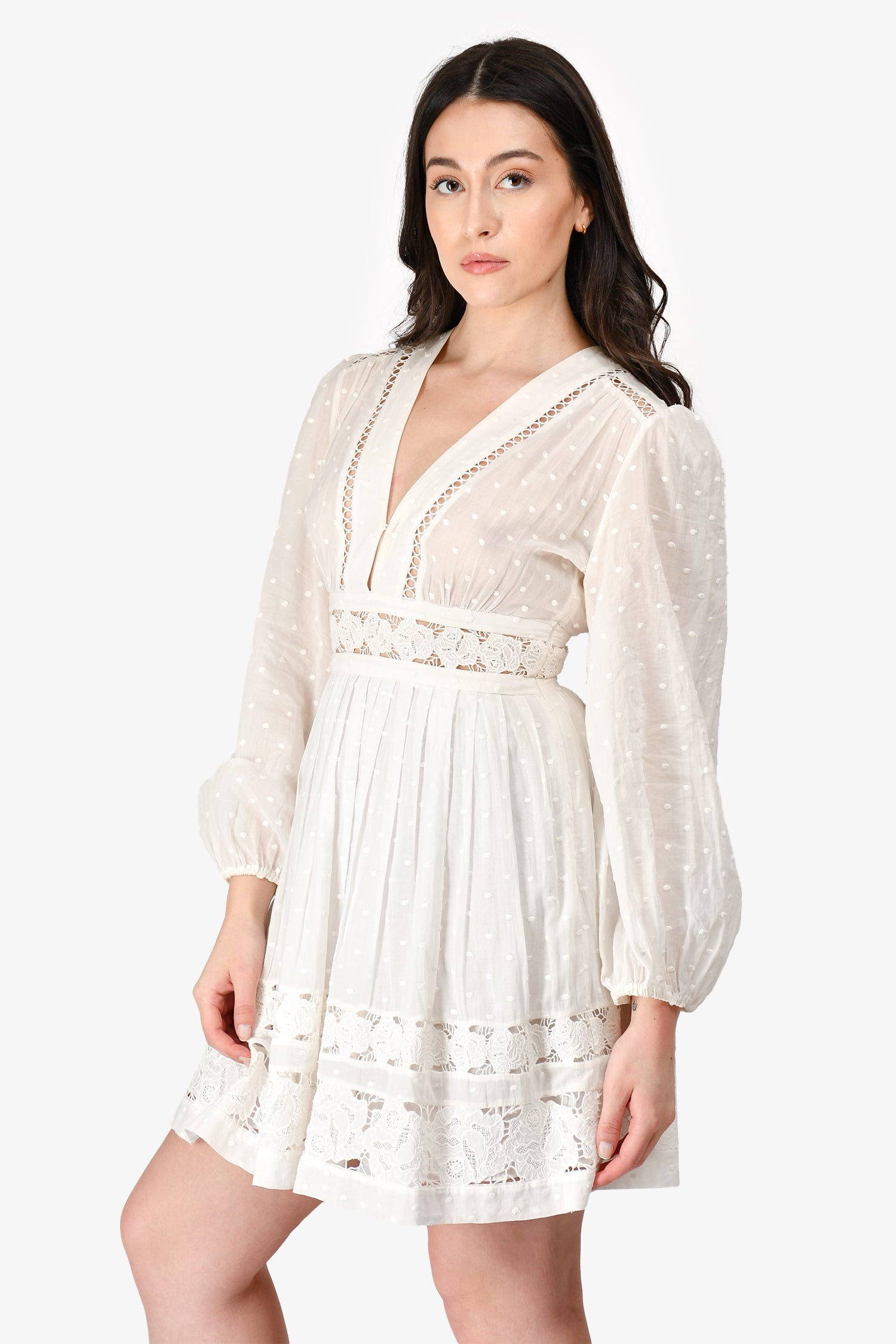 Zimmermann White Cotton Dotted Crochet Detailed V-Neck Long Sleeve Mini Dress Size 1