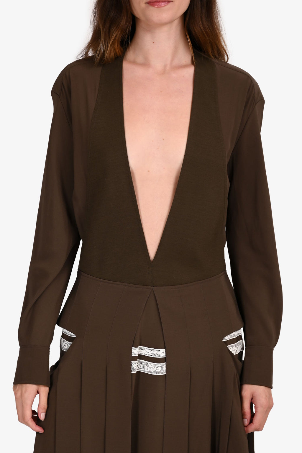 Chloe Green Silk Deep V Long Sleeve Pleated Lace Detail Dress Size 36