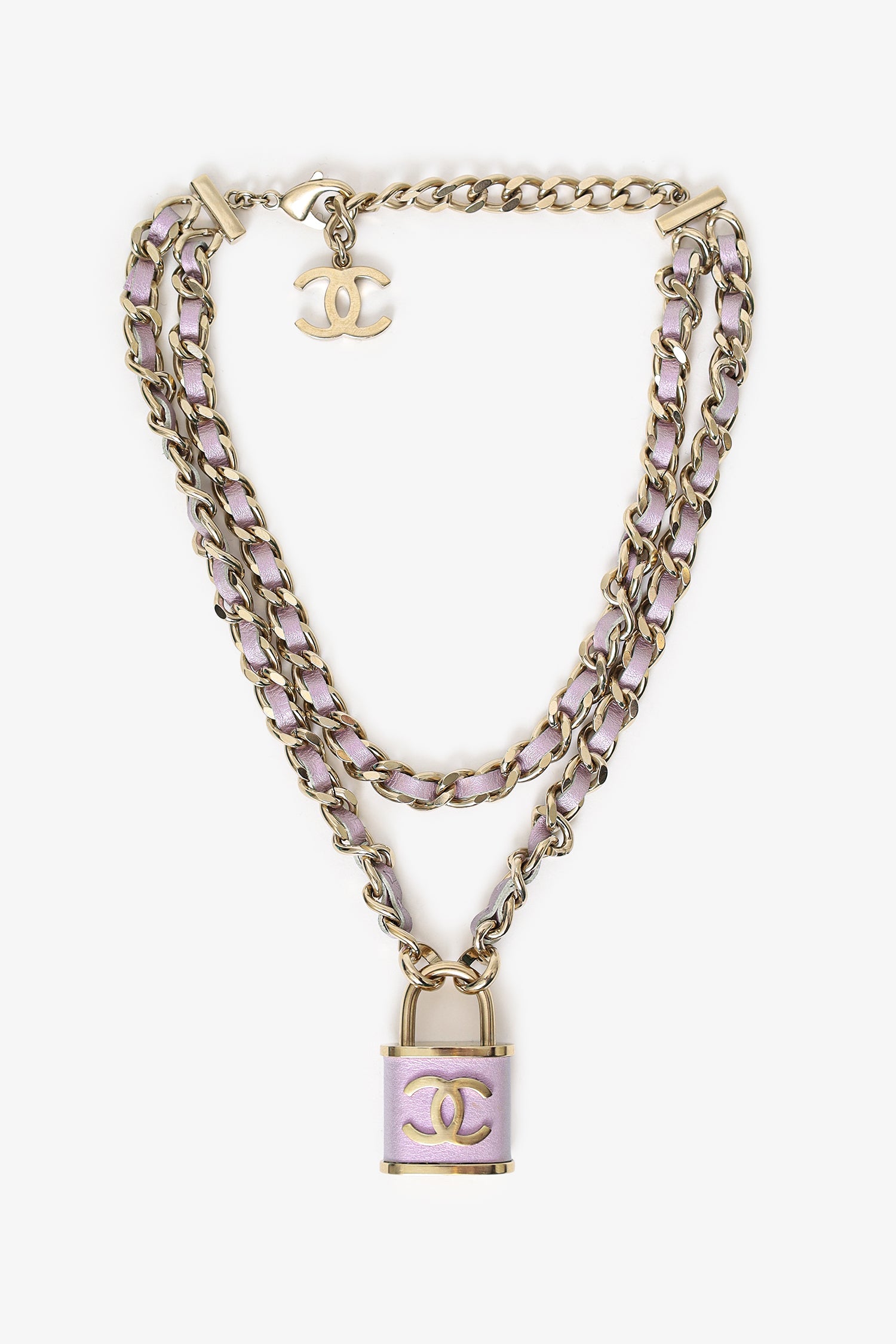 Pre-Loved Chanel™ 2018 Gold Toned Chain/Metallic Purple Leather CC Lock Pendant Choker Necklace