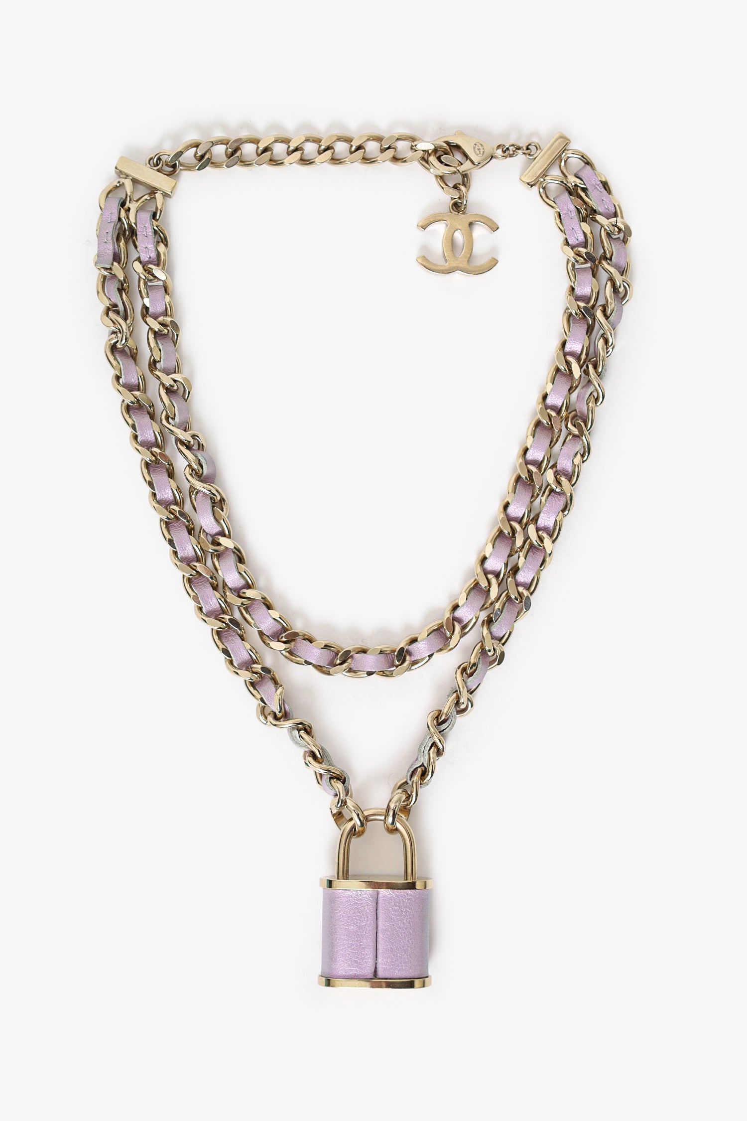 Pre-Loved Chanel™ 2018 Gold Toned Chain/Metallic Purple Leather CC Lock Pendant Choker Necklace