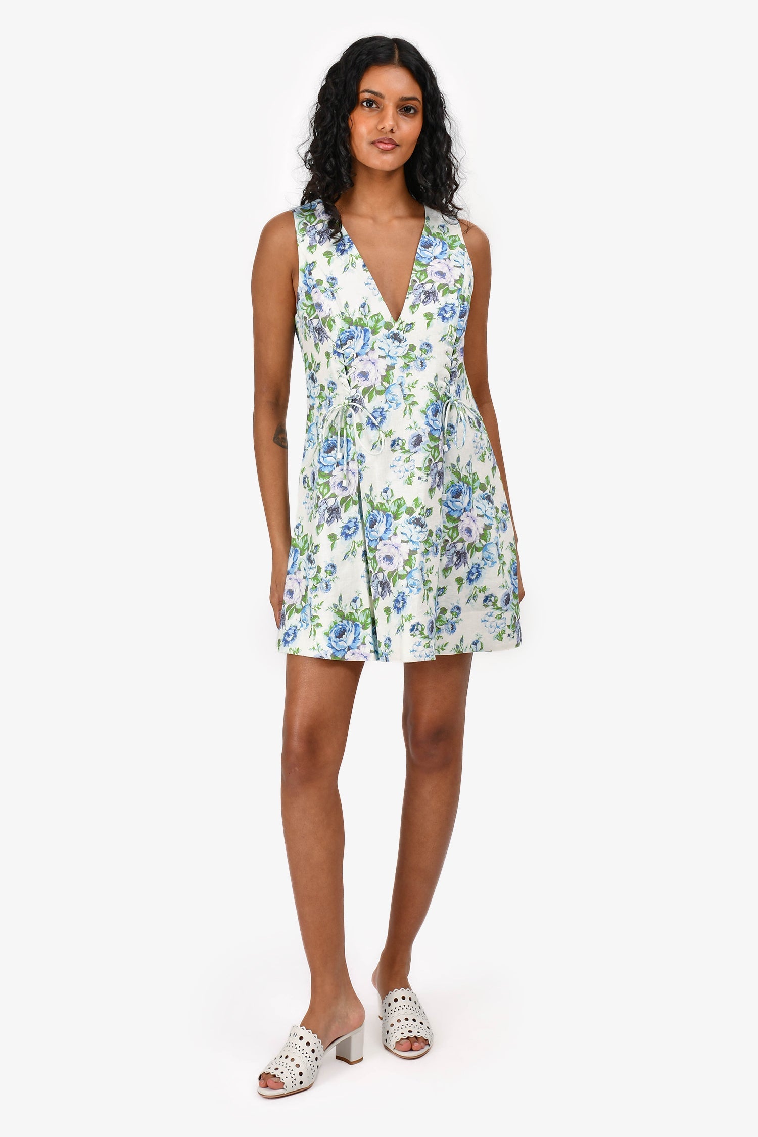 Zimmermann White/Blue Floral Printed Linen Sleeveless Lace Up Dress Size 2