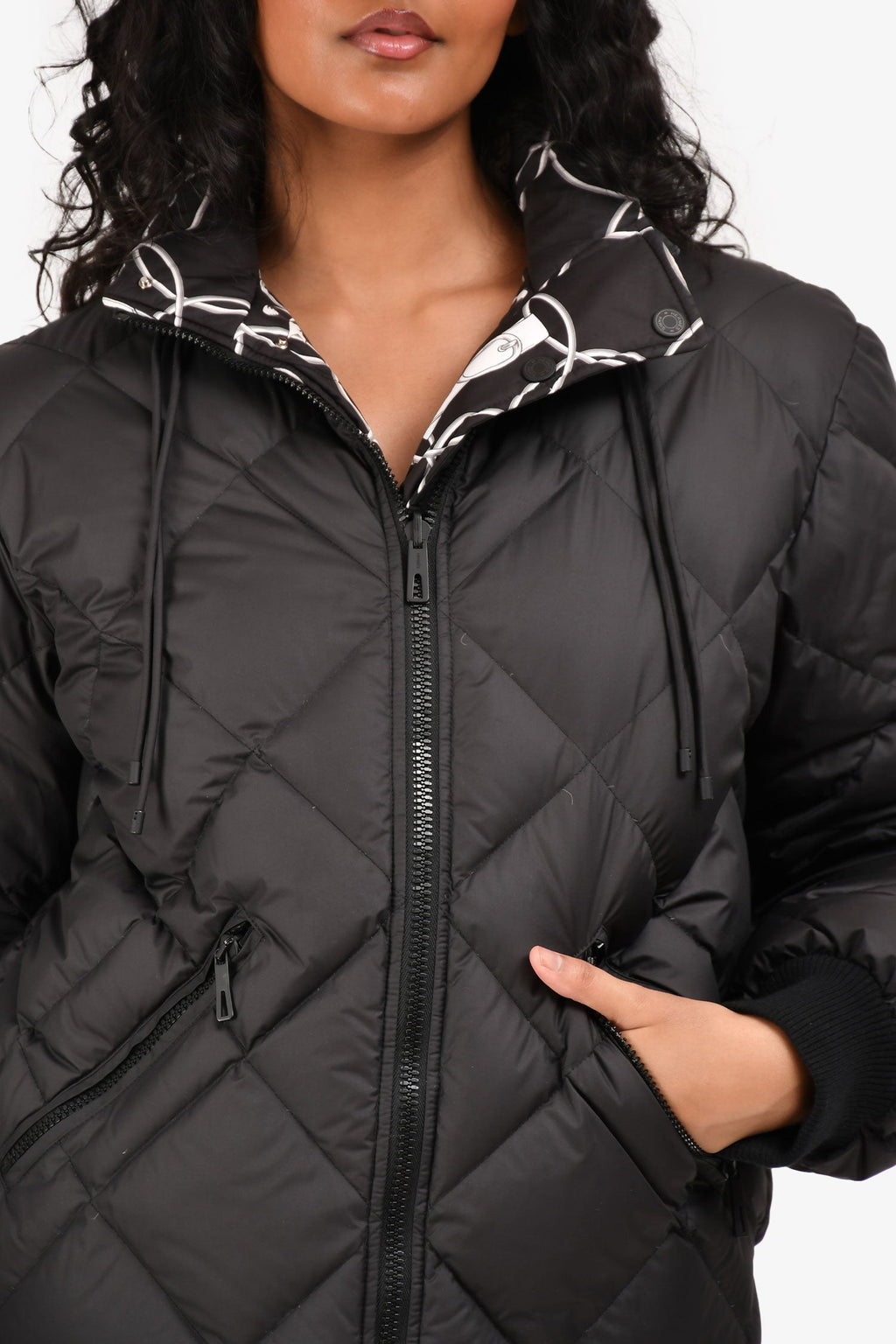 Hermès Black/White Reversible Printed Nylon Puffer Jacket Size 36