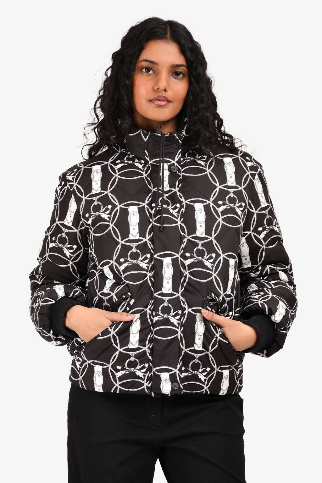 Hermès Black/White Reversible Printed Nylon Puffer Jacket Size 36