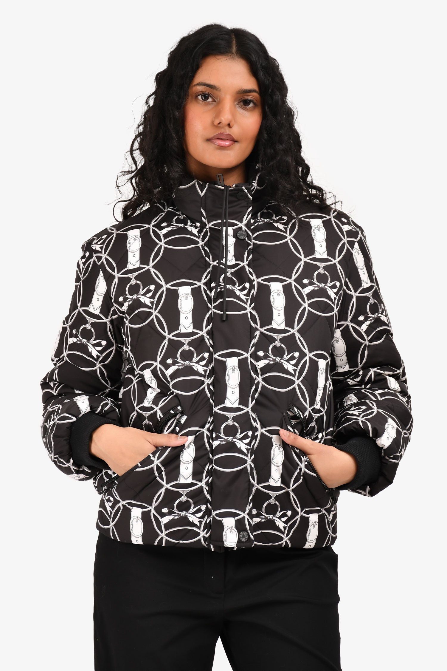 Hermès Black/White Reversible Printed Nylon Puffer Jacket Size 36