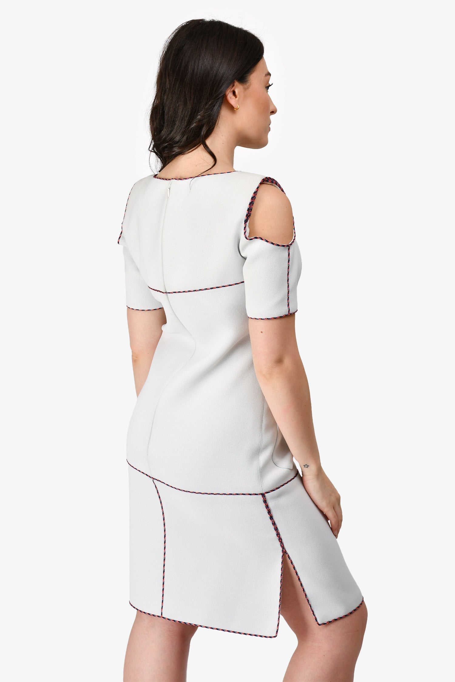 Pre-loved Chanel™ Light Grey/Multi Coloured Braided Trim Cold Shoulder Shift Dress Size 38